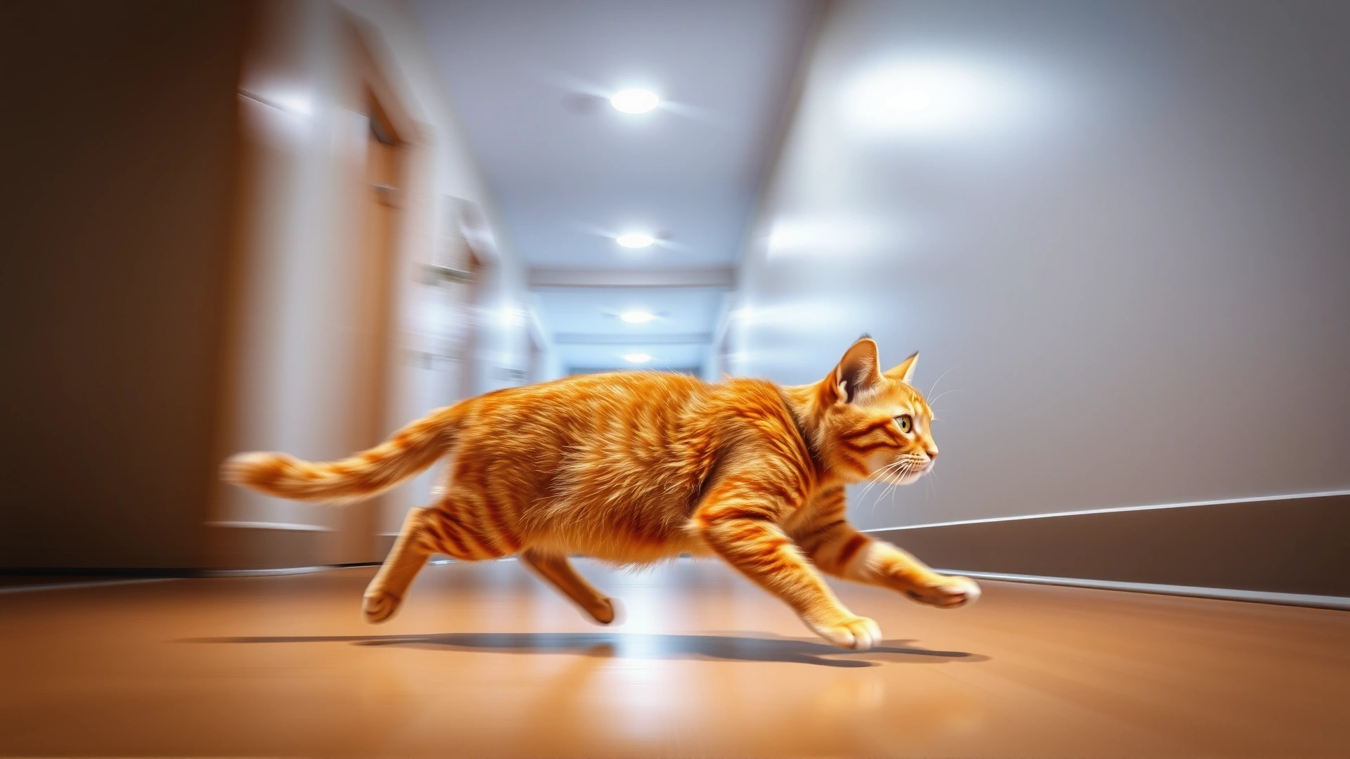 Action shot of an orange tabby cat sprinting across a hallway with motion blur to emphasize speed, indoor lighting