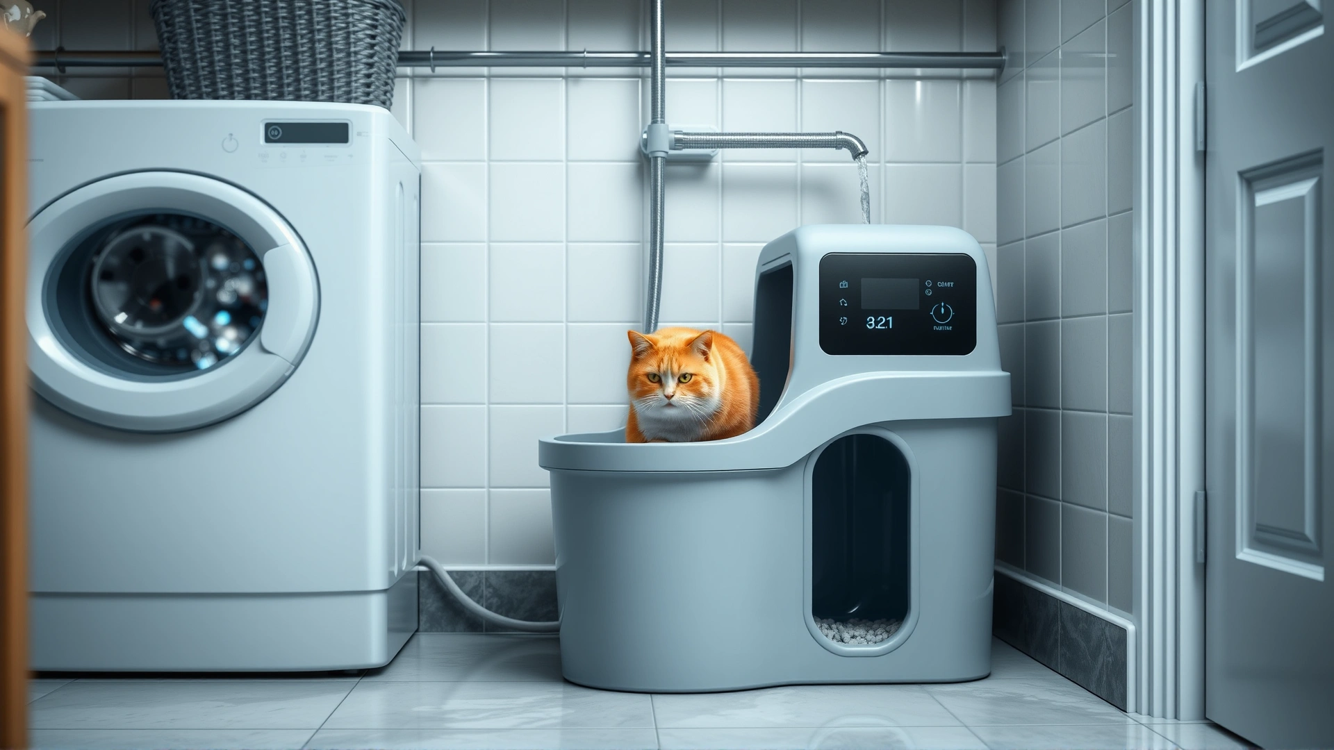 CatGenie A.I. self-washing litter box connected to a water line in a laundry room setting, wide shot.