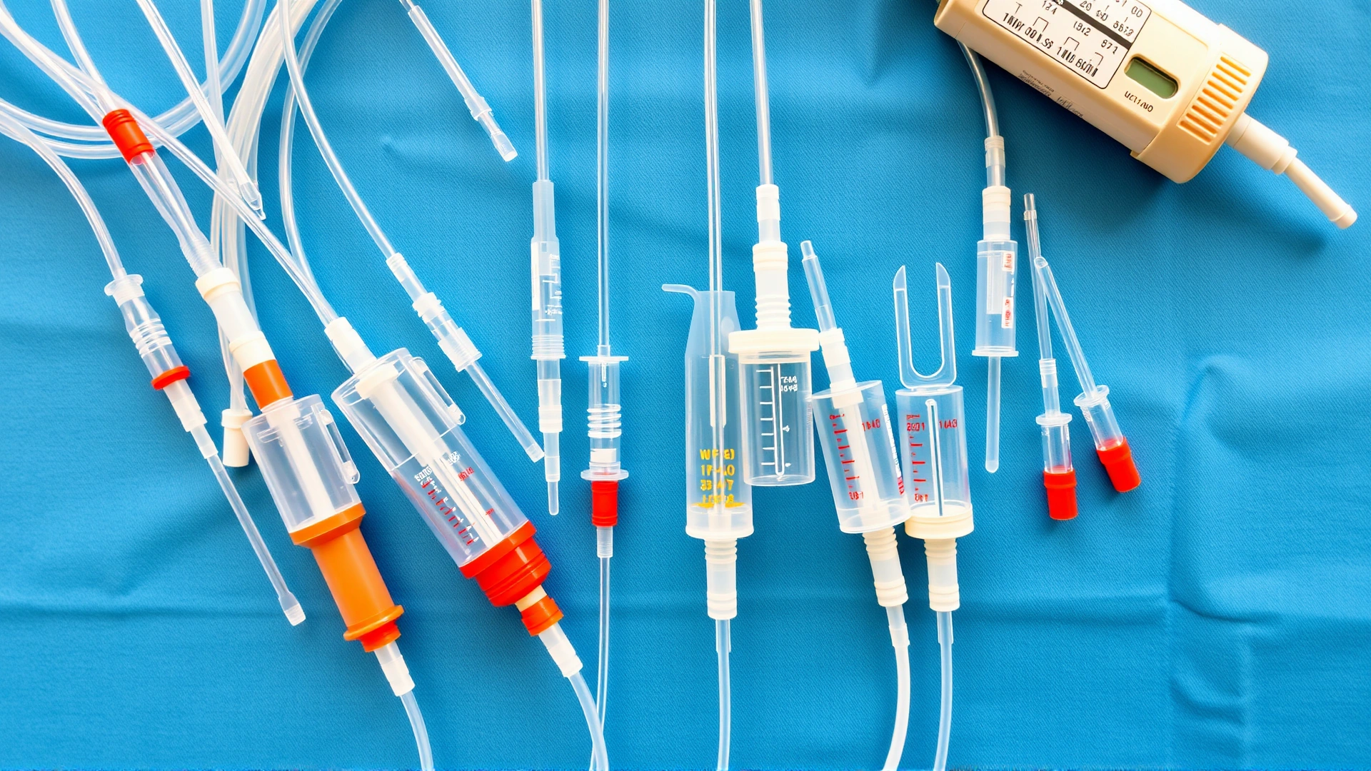 Flat lay of different types of IV catheters and butterfly needles arranged neatly on a sterile blue surgical drape.