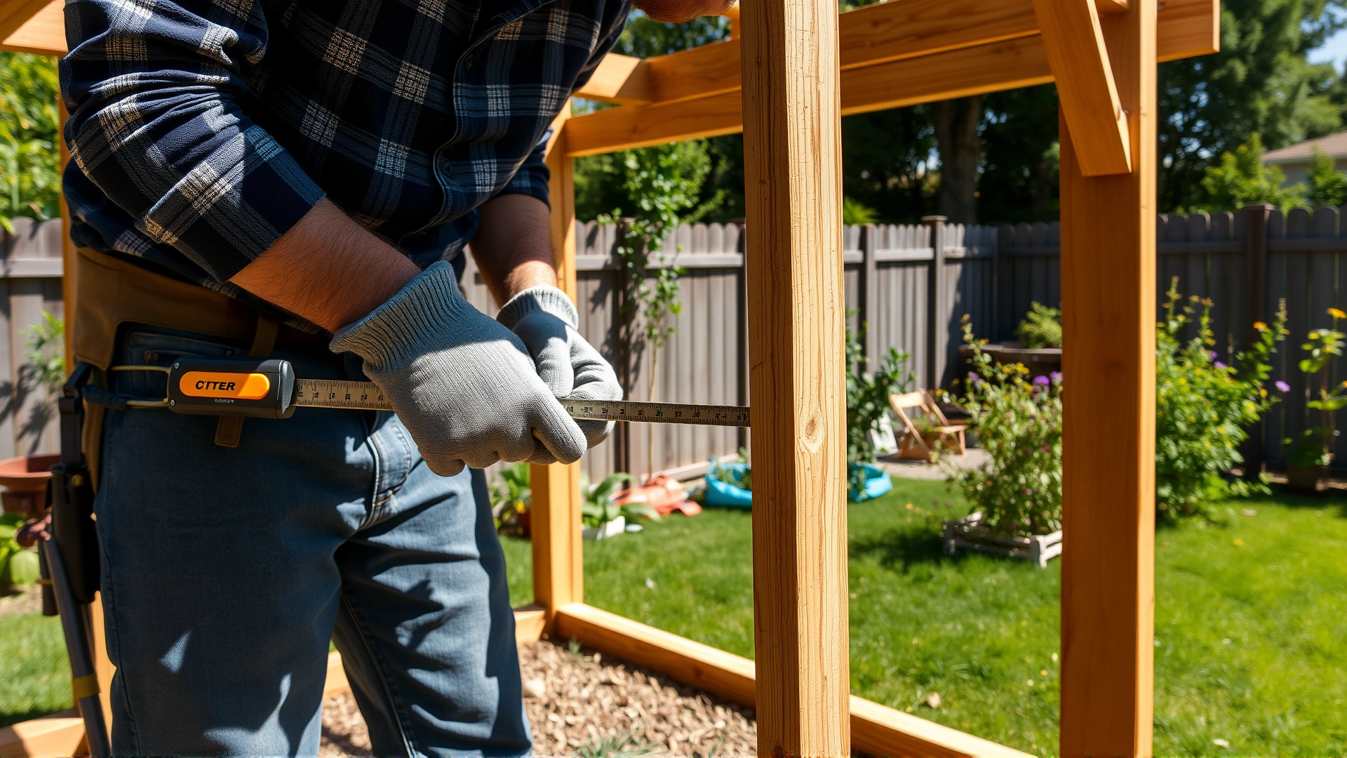 DIY scene of a person wearing work gloves measuring and assembling a wooden frame for a catio in a sunny backyard.