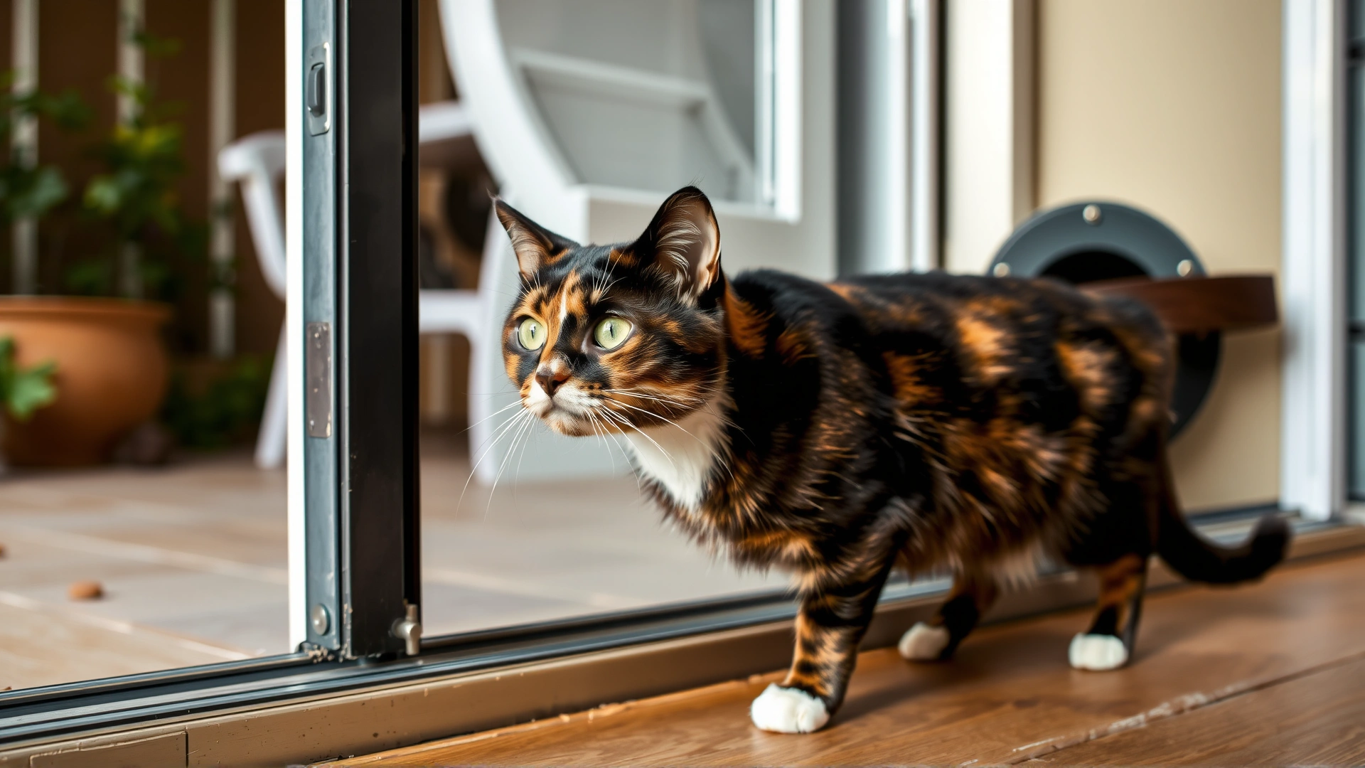 Tortoiseshell cat stepping through a cat door into a catio for the first time, looking curious and alert.