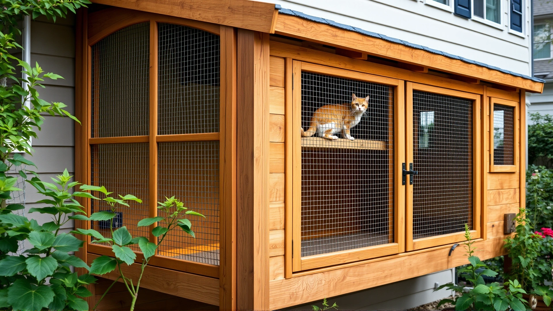 Spacious wooden-and-wire catio attached to a house exterior; a ginger cat lounges on a perch inside while plants surround the structure, showcasing a safe outdoor haven.