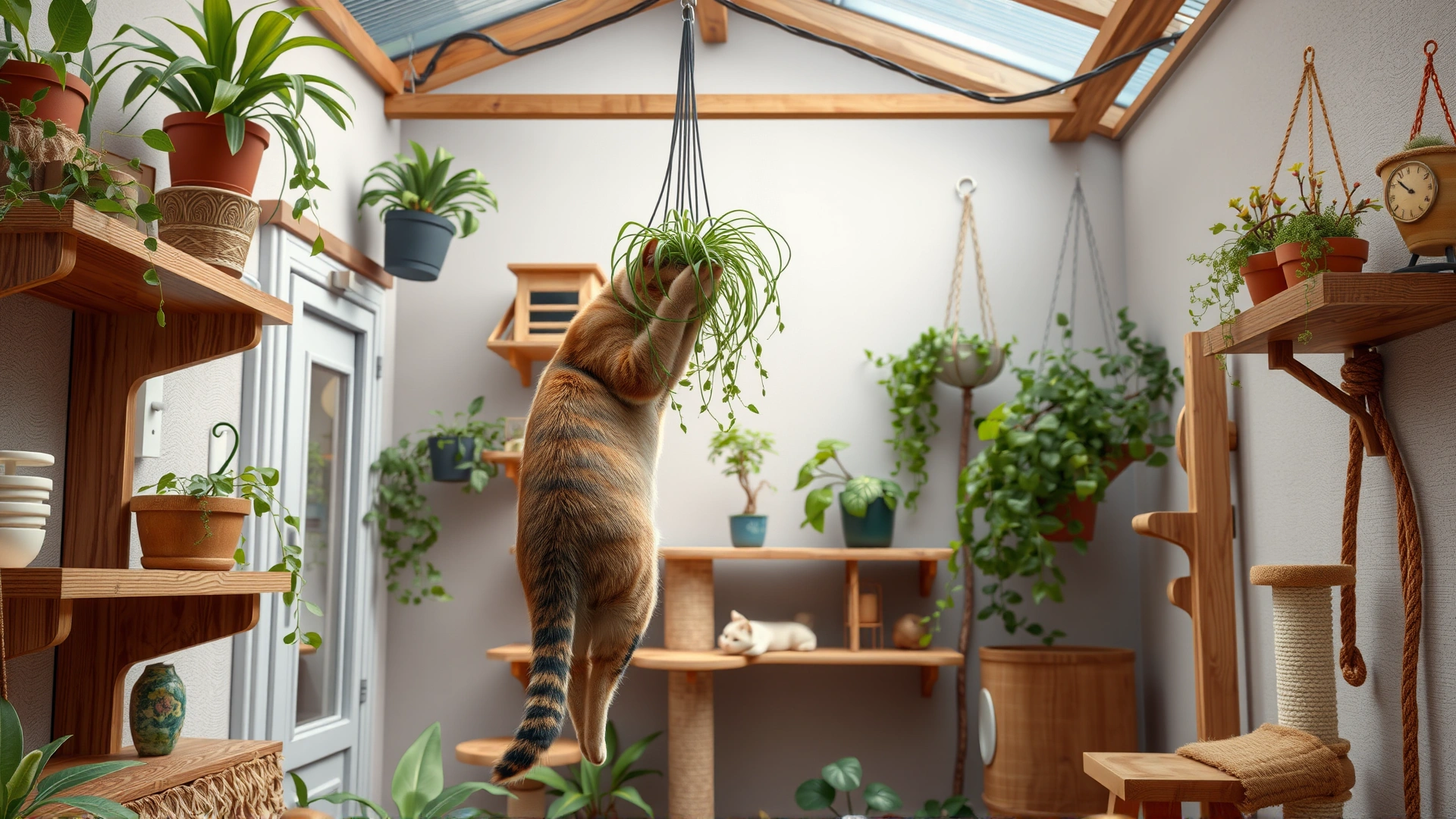 Interior of a well-furnished catio featuring multiple wooden shelves, hanging plants, scratching posts, and a curious cat climbing.