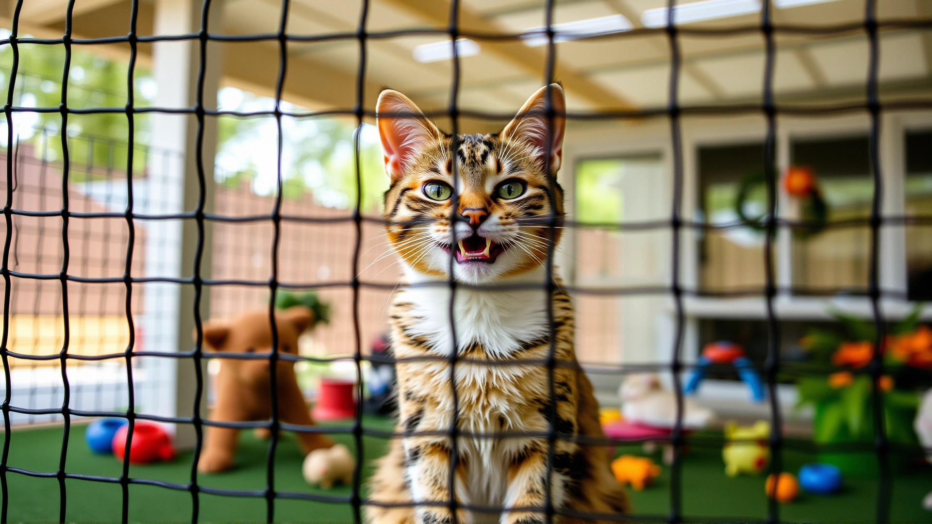 Happy domestic shorthaired cat sitting behind wire mesh inside a spacious catio with toys around, demonstrating safety and enrichment.