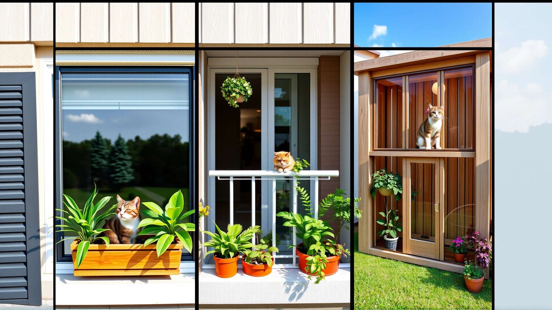 Wide shot collage of three different catio styles: a small window box catio on a house window, a balcony catio on a high-rise apartment, and a large free-standing garden catio, each with a cat visible inside.