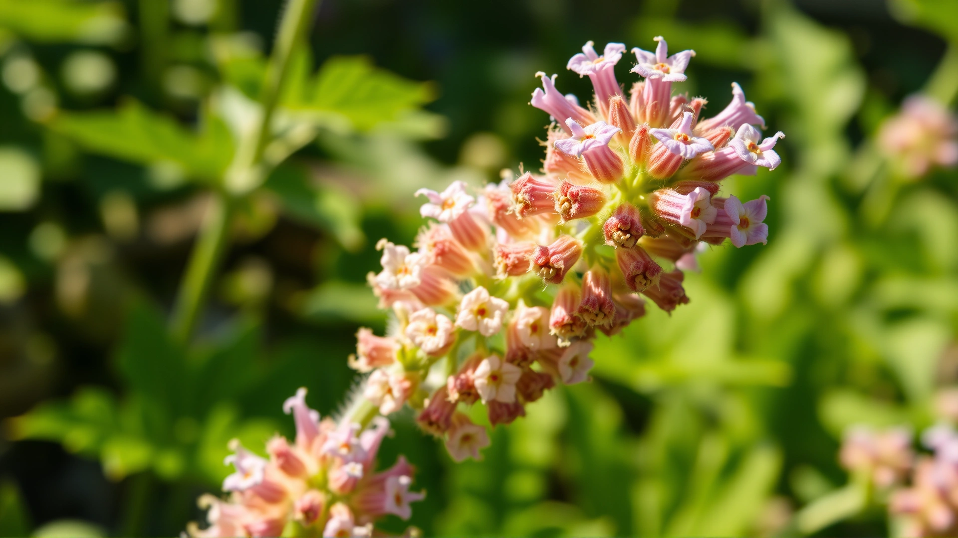 Macro shot of blooming catnip plant (Nepeta cataria) outdoors in daylight.