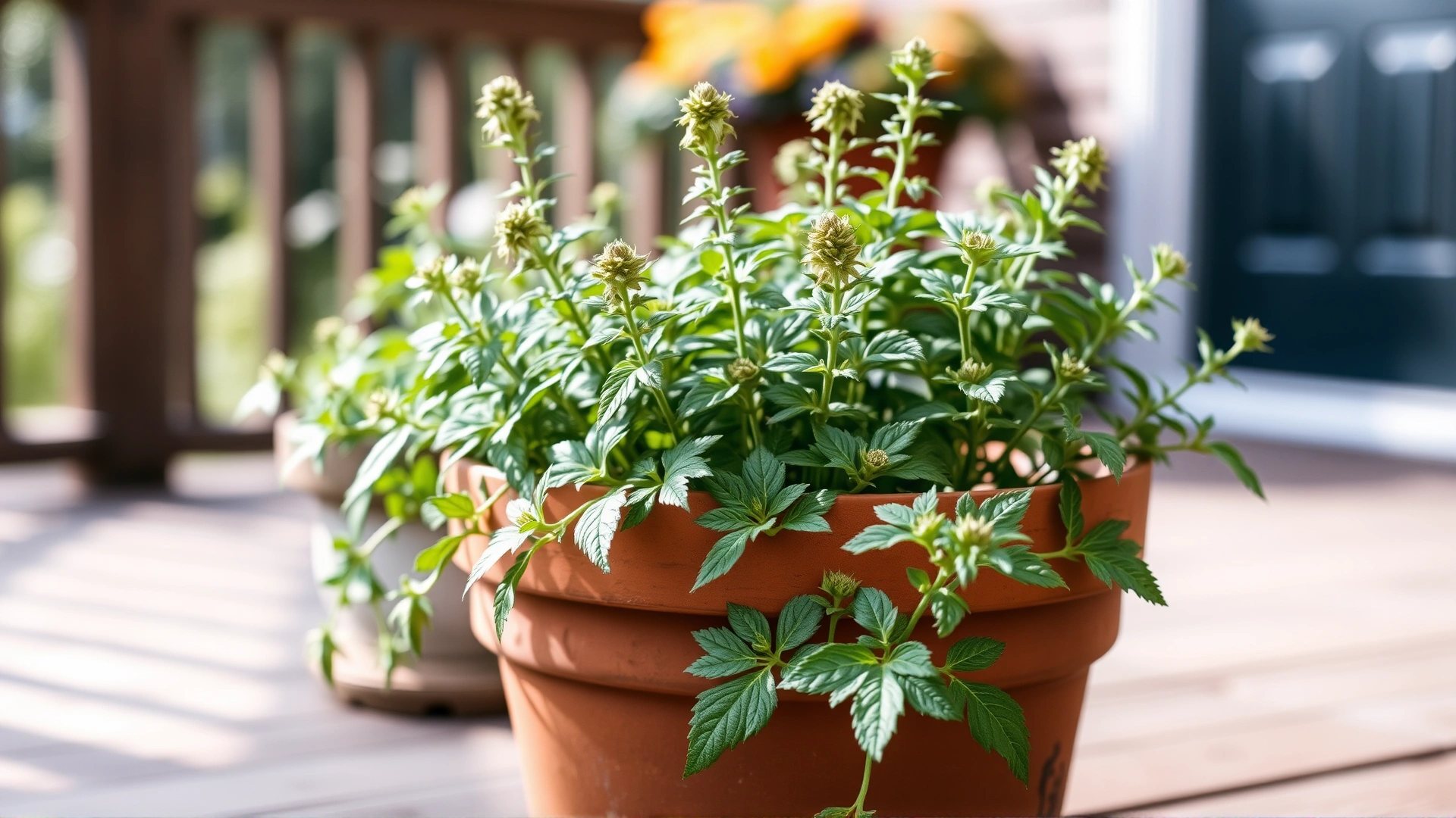 Healthy catnip plant (Nepeta cataria) growing in a terra-cotta pot on a wooden porch, daylight, shallow depth of field.
