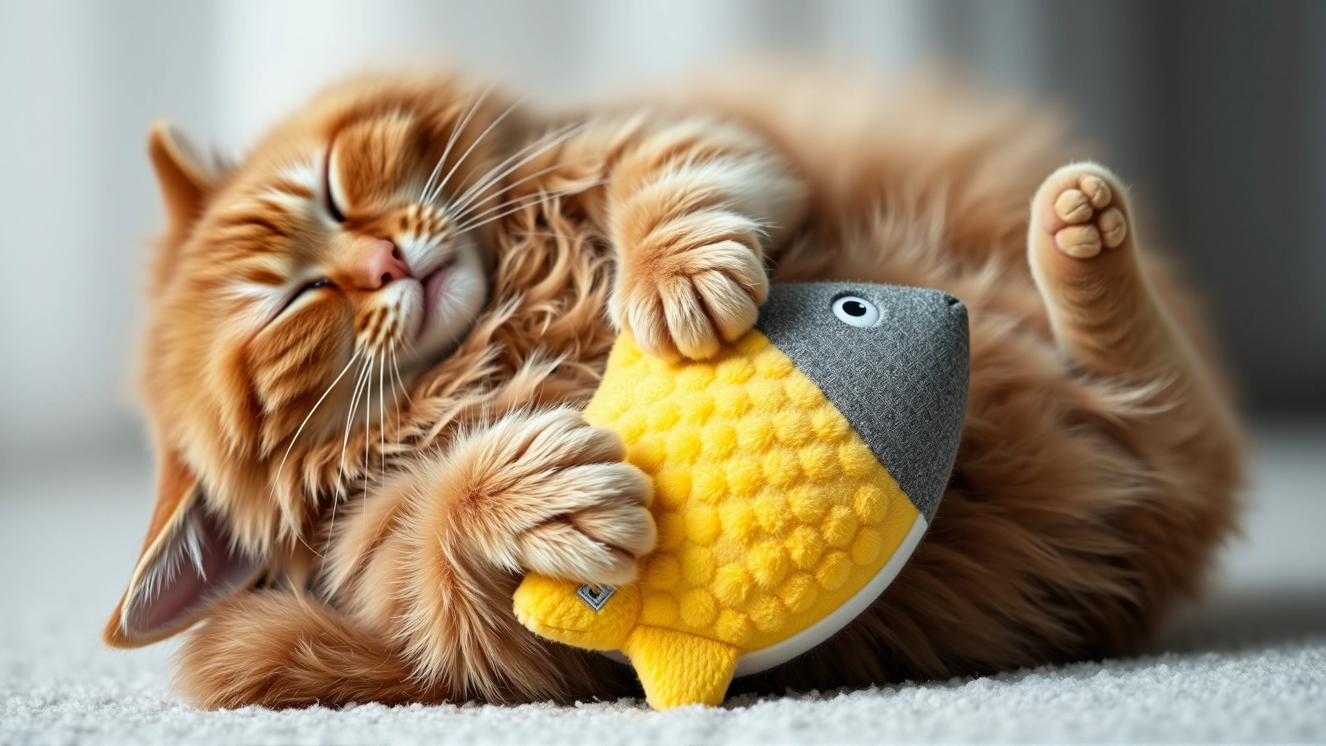 Ginger cat rolling blissfully on its back while hugging a catnip-filled plush fish toy, soft focus background
