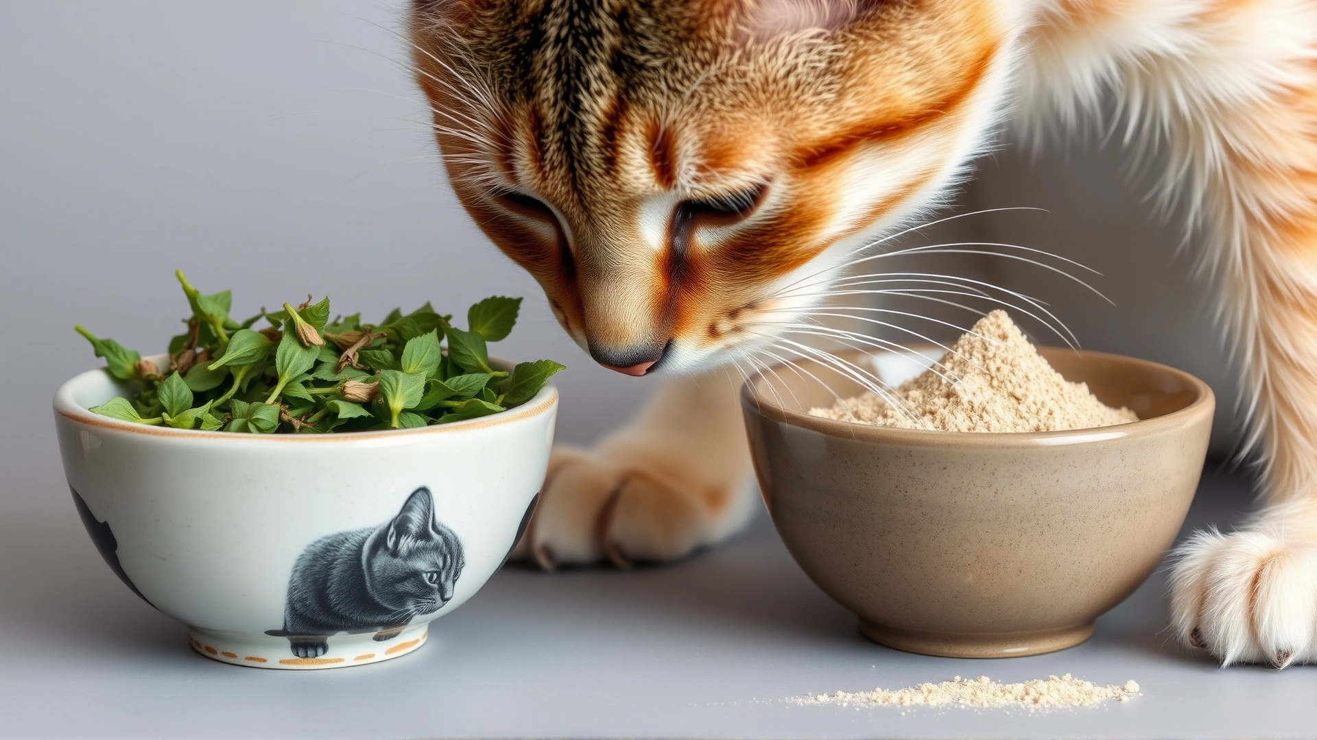 Two small ceramic bowls side by side—one filled with green catnip leaves, the other with beige silver vine powder—while a cat sniffs them inquisitively.