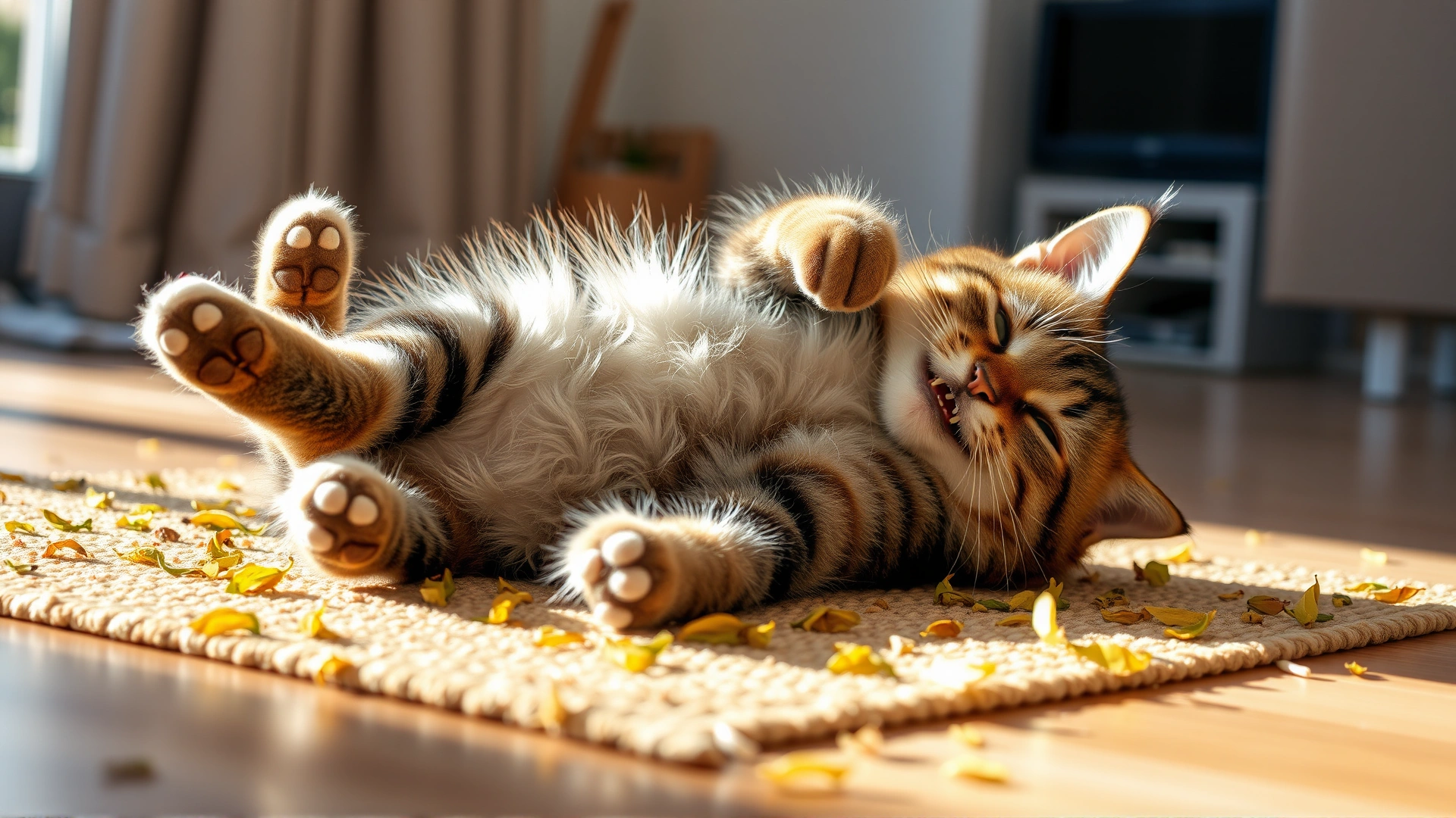 Playful tabby cat rolling joyfully on a scratch mat dusted with dry catnip leaves, sunlit living room floor.