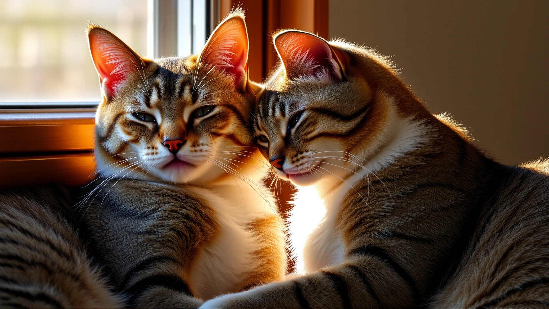 Two friendly cats gently headbutting each other near a sunny window, relaxed posture, no text.