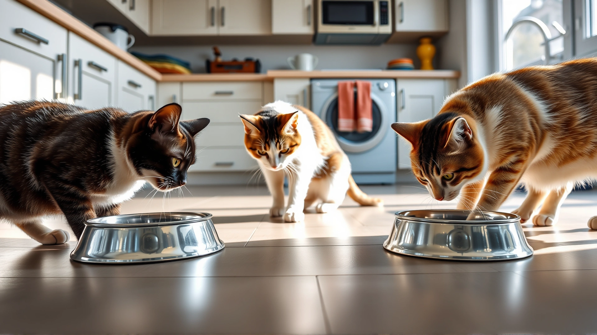 Bright kitchen scene with three domestic cats eating simultaneously from individual stainless steel bowls on the floor, natural lighting