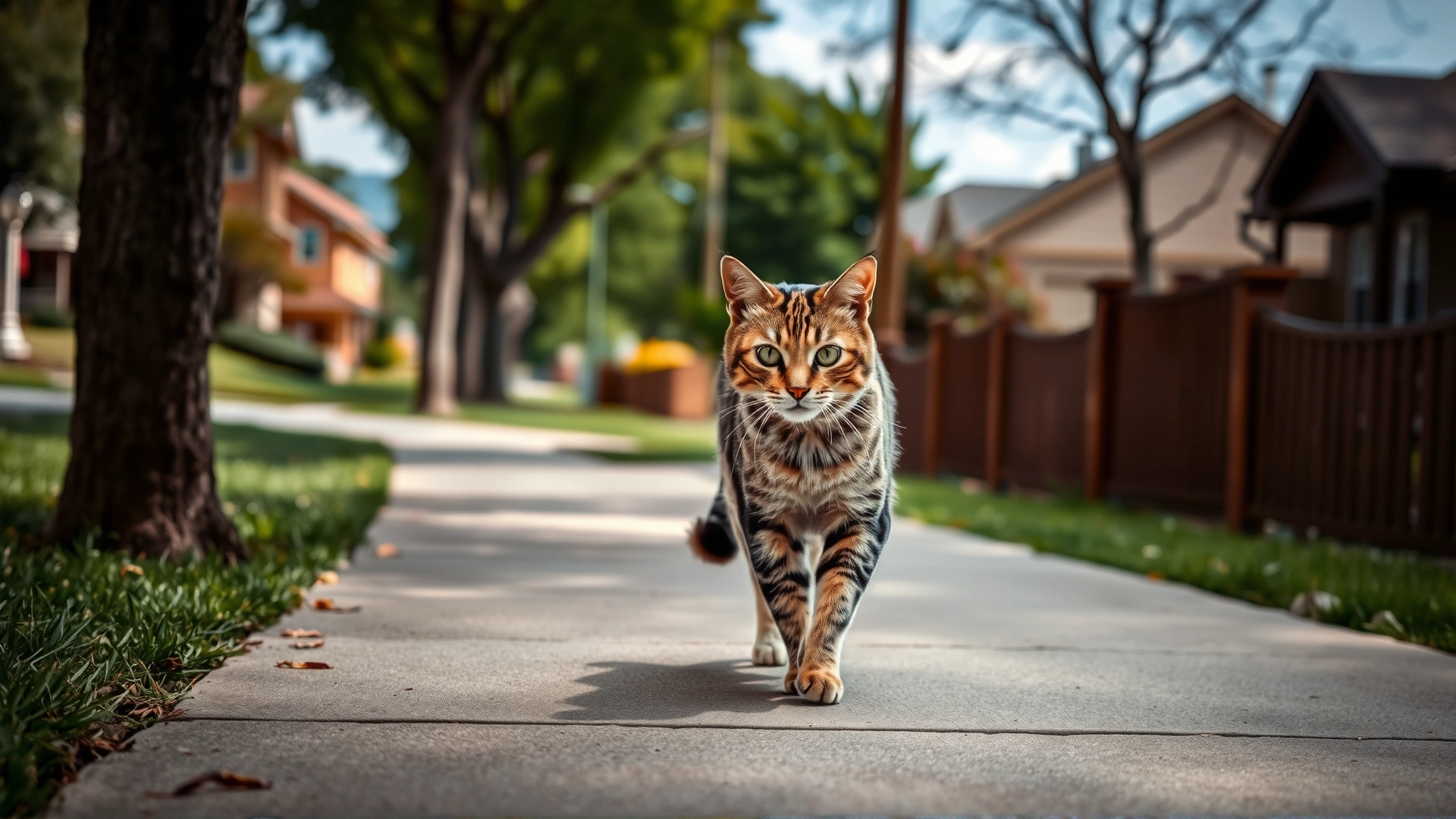 An outdoor scene of a cat walking confidently down a suburban sidewalk, trees and houses lining the background, conveying a sense of purposeful travel.
