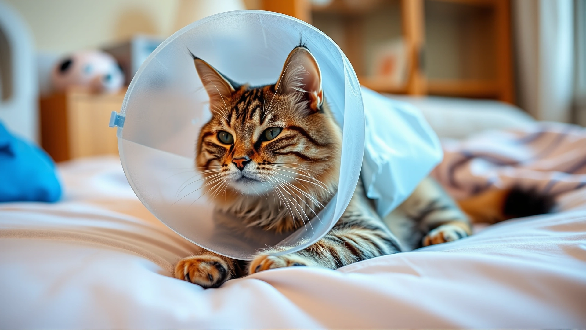 Cat wearing a soft recovery cone resting on a cozy bed after minor skin surgery, calm indoor environment