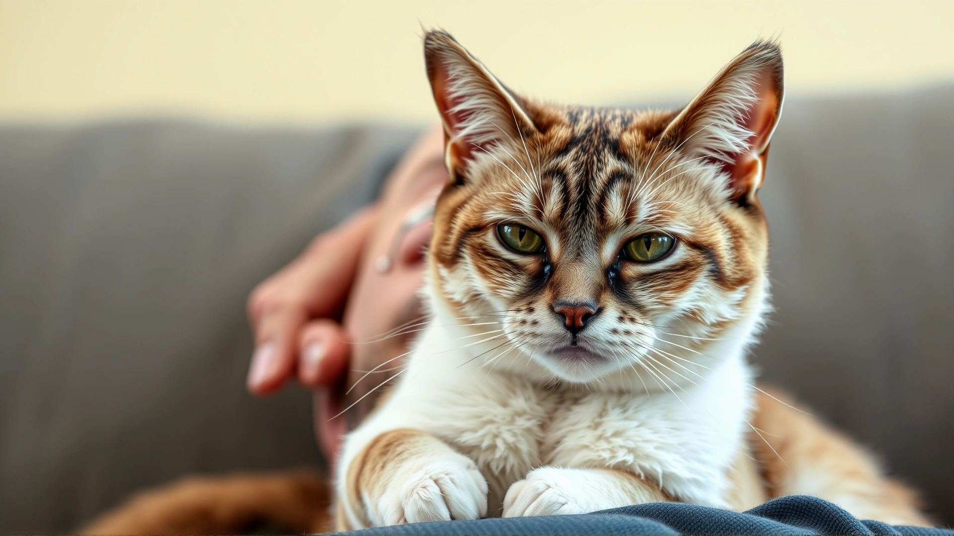 A sick-looking cat with watery eyes being comforted by its owner on a couch, illustrating potential infectious causes of feline abortion.