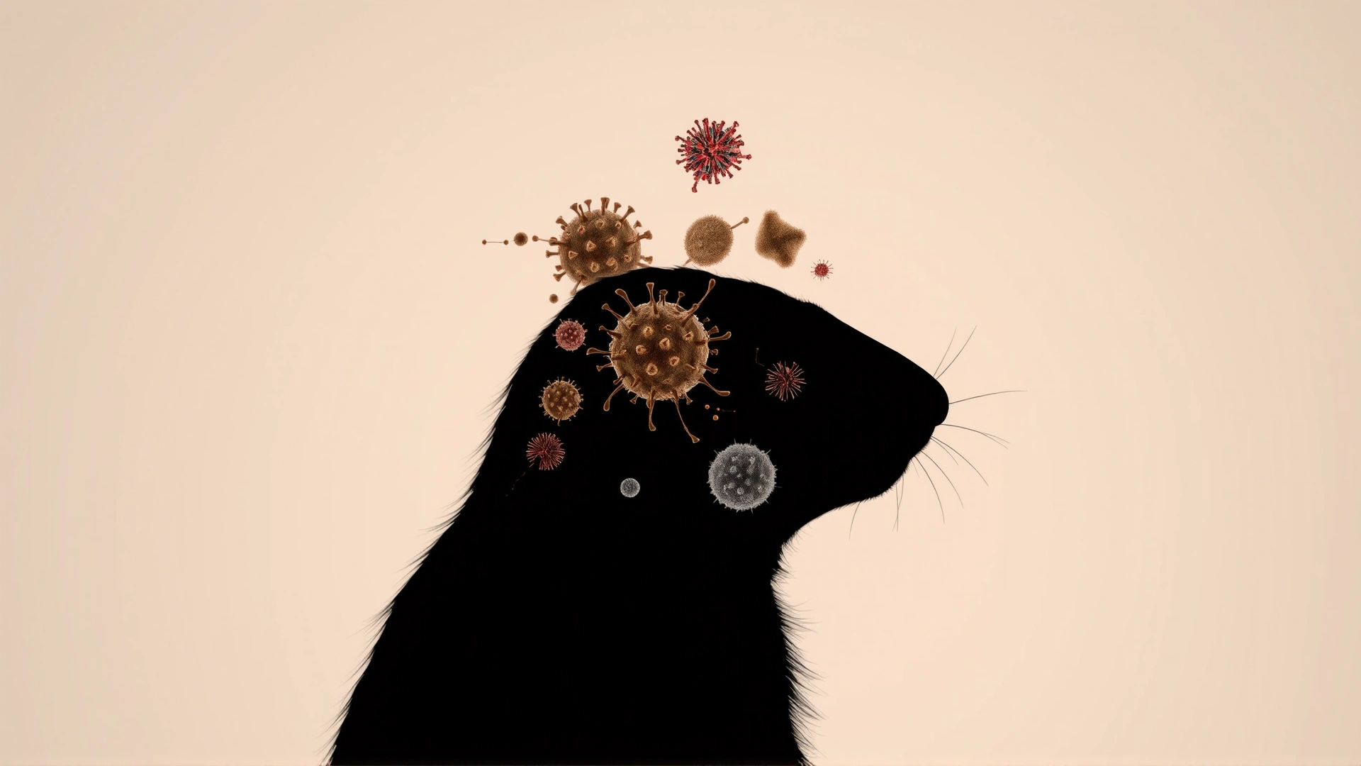 Macro collage-style image showing bacteria, virus particles, and fungal spores overlaid subtly on silhouette of a prairie dog head, soft neutral background