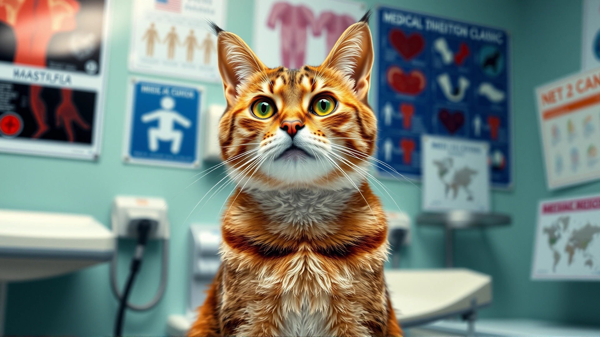 Domestic cat sitting alert in a veterinary clinic; background features medical equipment and posters, illustrating multiple potential medical causes.