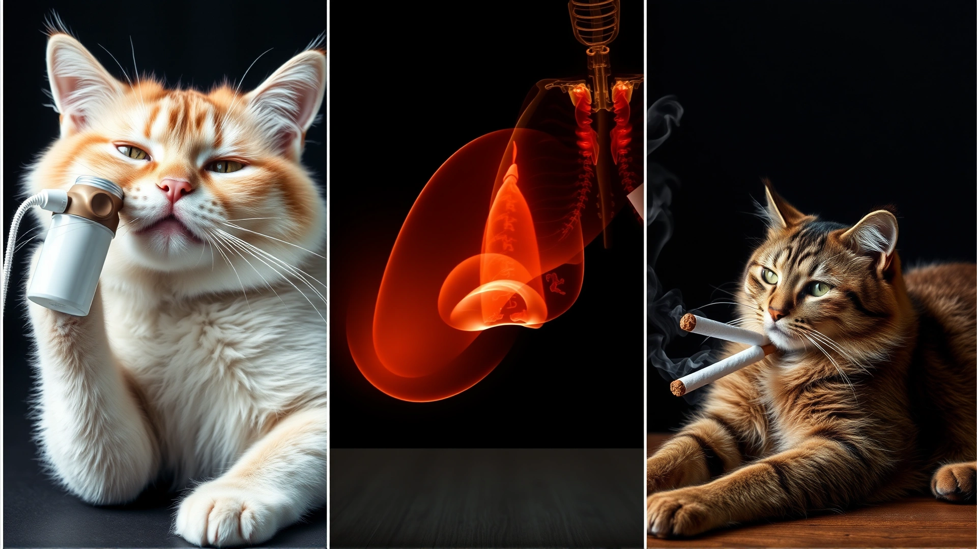 Composite image with four separate panels: cat with asthma inhaler, x-ray view of cat thorax, overweight cat lying down, and cat exposed to cigarette smoke; clean white borders between panels.