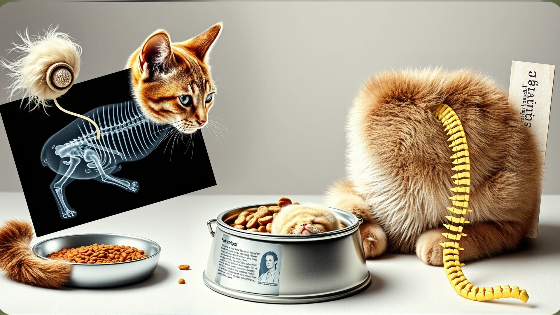 Collage-style image featuring cat-related elements such as a hairball, broken pelvis X-ray, food bowl, and spinal illustration to conceptually represent causes, no text.