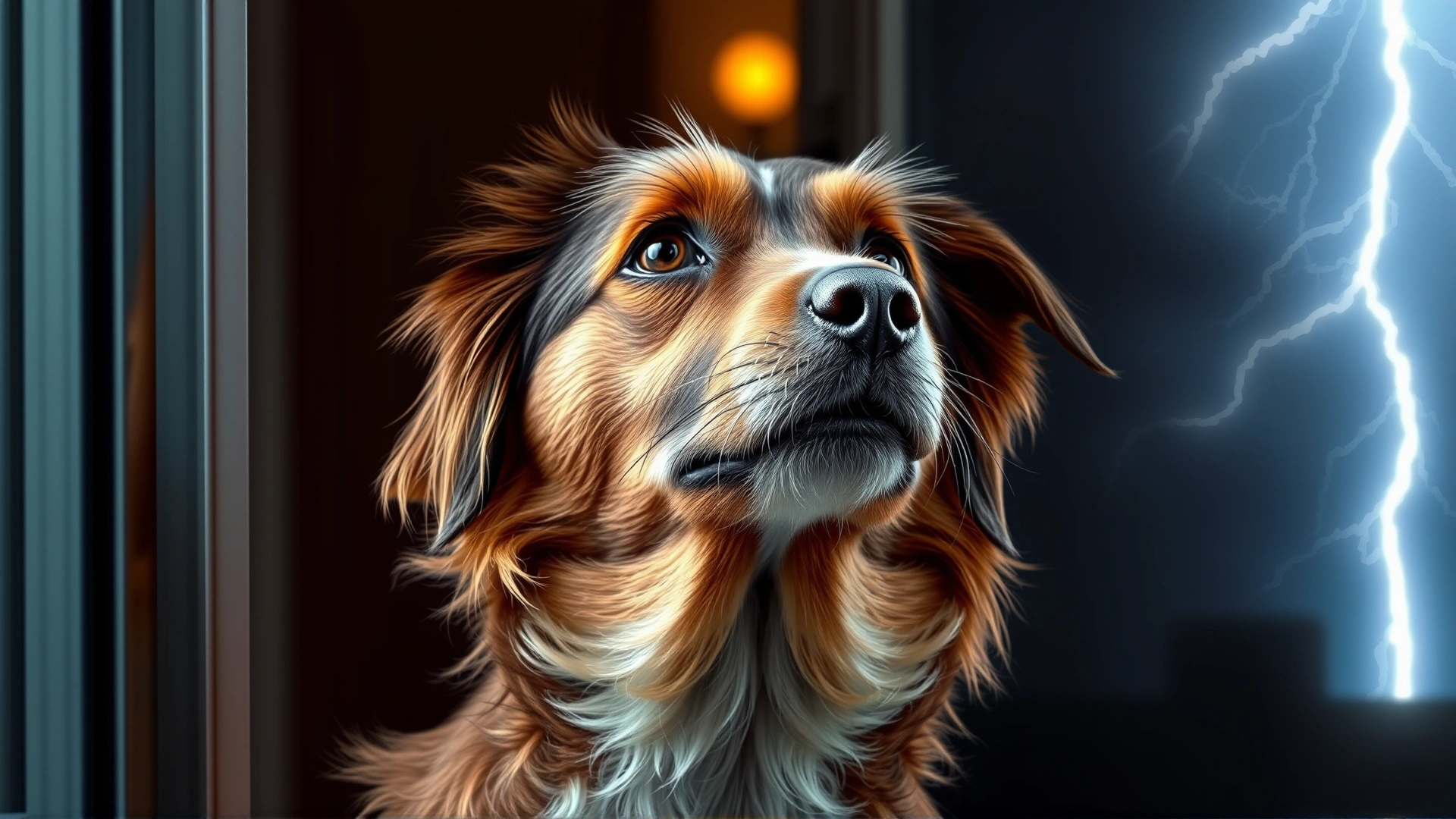 Curious dog standing at a glass door pressing its nose against the pane, watching distant lightning, representing potential environmental triggers of storm phobia.