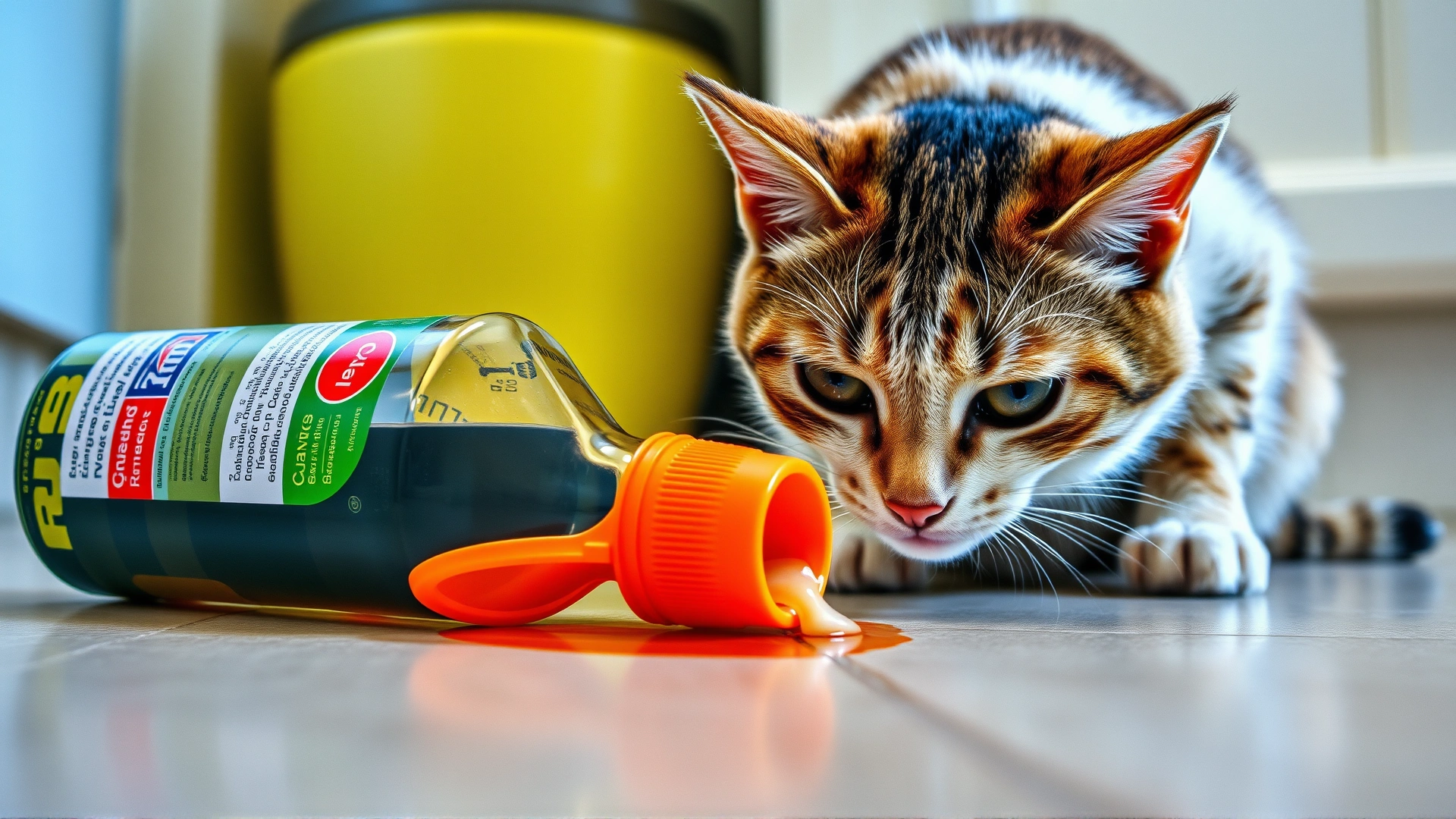 Curious cat sniffing a tipped-over household cleaner bottle on a kitchen floor, illustrating risk of ingesting caustic substances