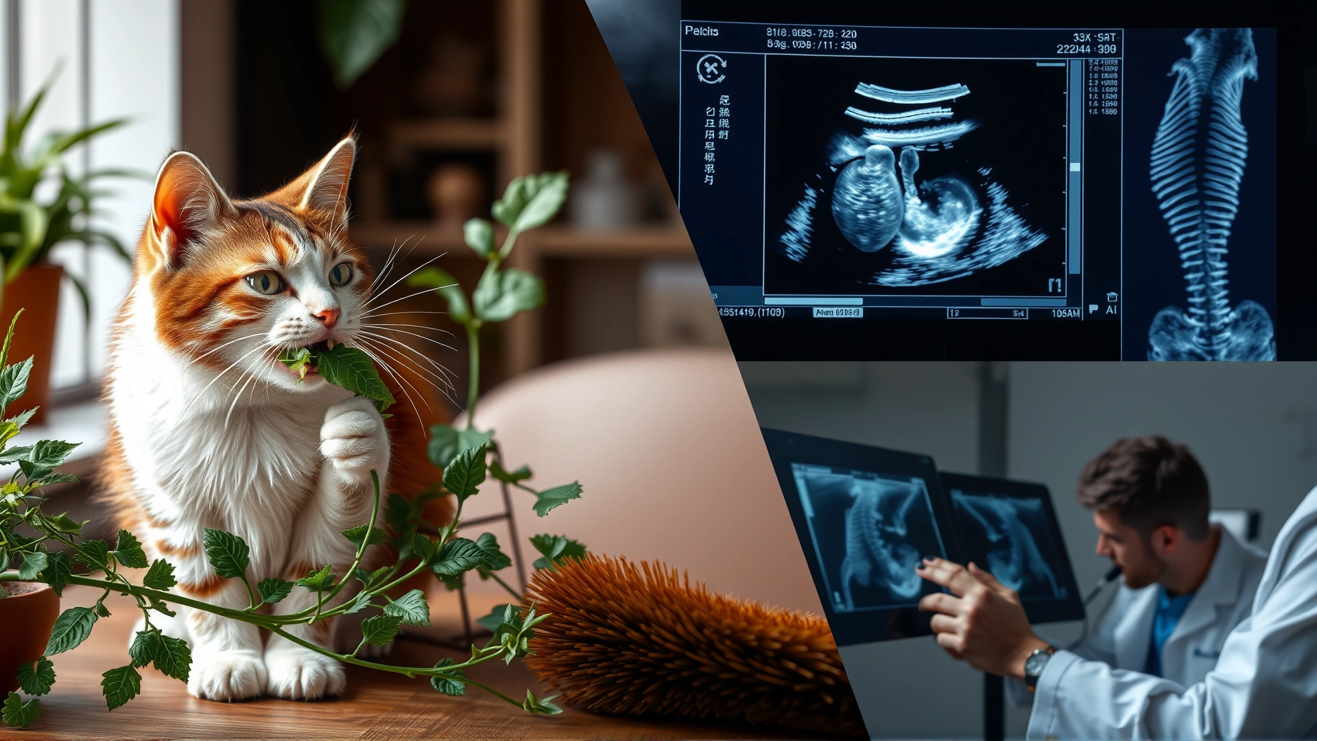 Collage-style image with three scenes: a cat eating houseplants, an ultrasound screen showing feline kidney, and a veterinarian reviewing X-ray film