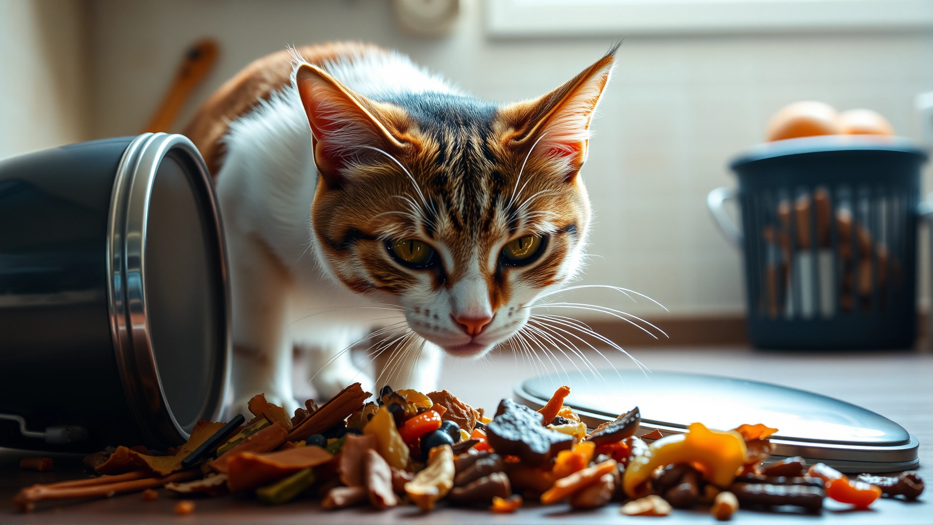 Curious cat sniffing food scraps spilling from a kitchen trash can, illustrating diet-related causes.