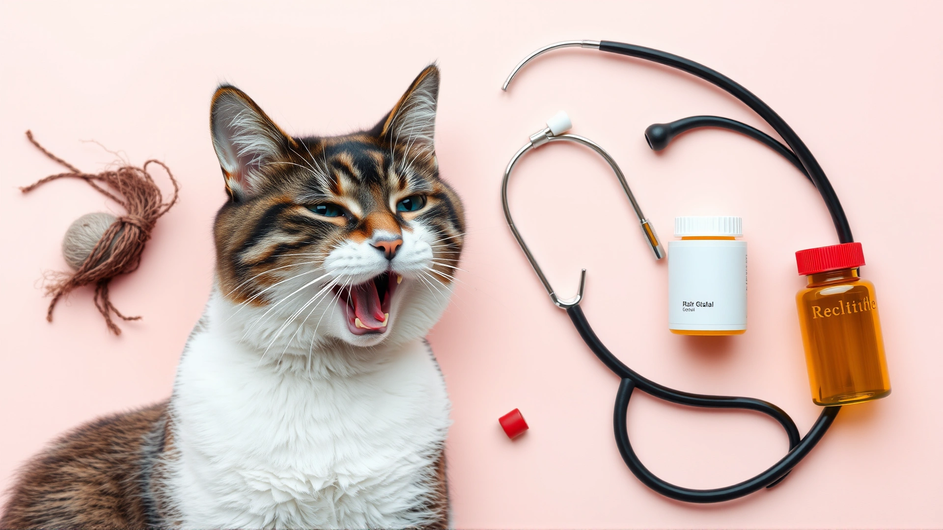 Collage-style image showing different causes of cat gagging: hairball, piece of string, vet stethoscope, and prescription bottle, all arranged on soft pastel background, flat-lay photography
