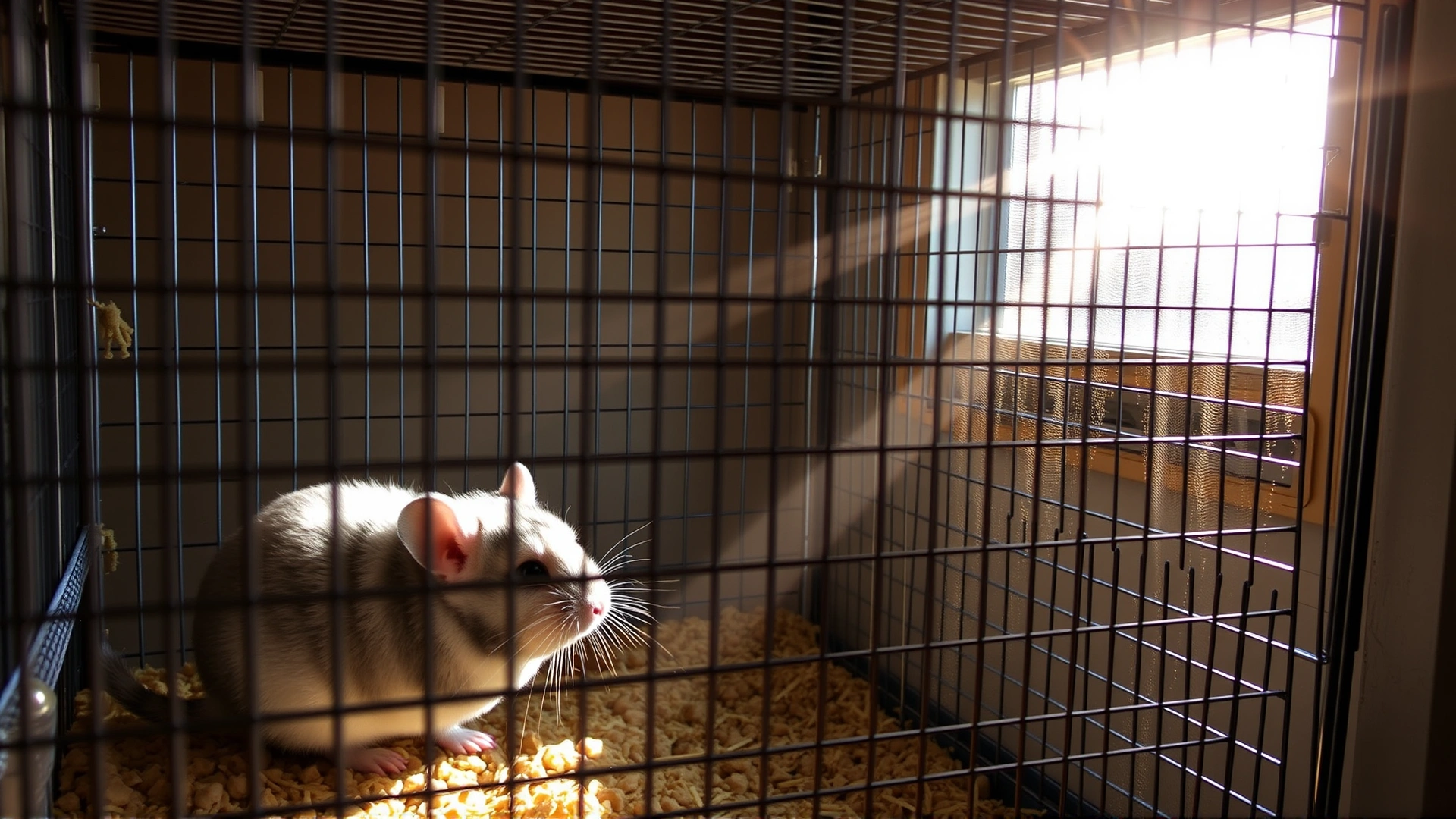 Chinchilla cage placed near a sunny window with visible sun rays entering, demonstrating a risky environment that can lead to heat stress
