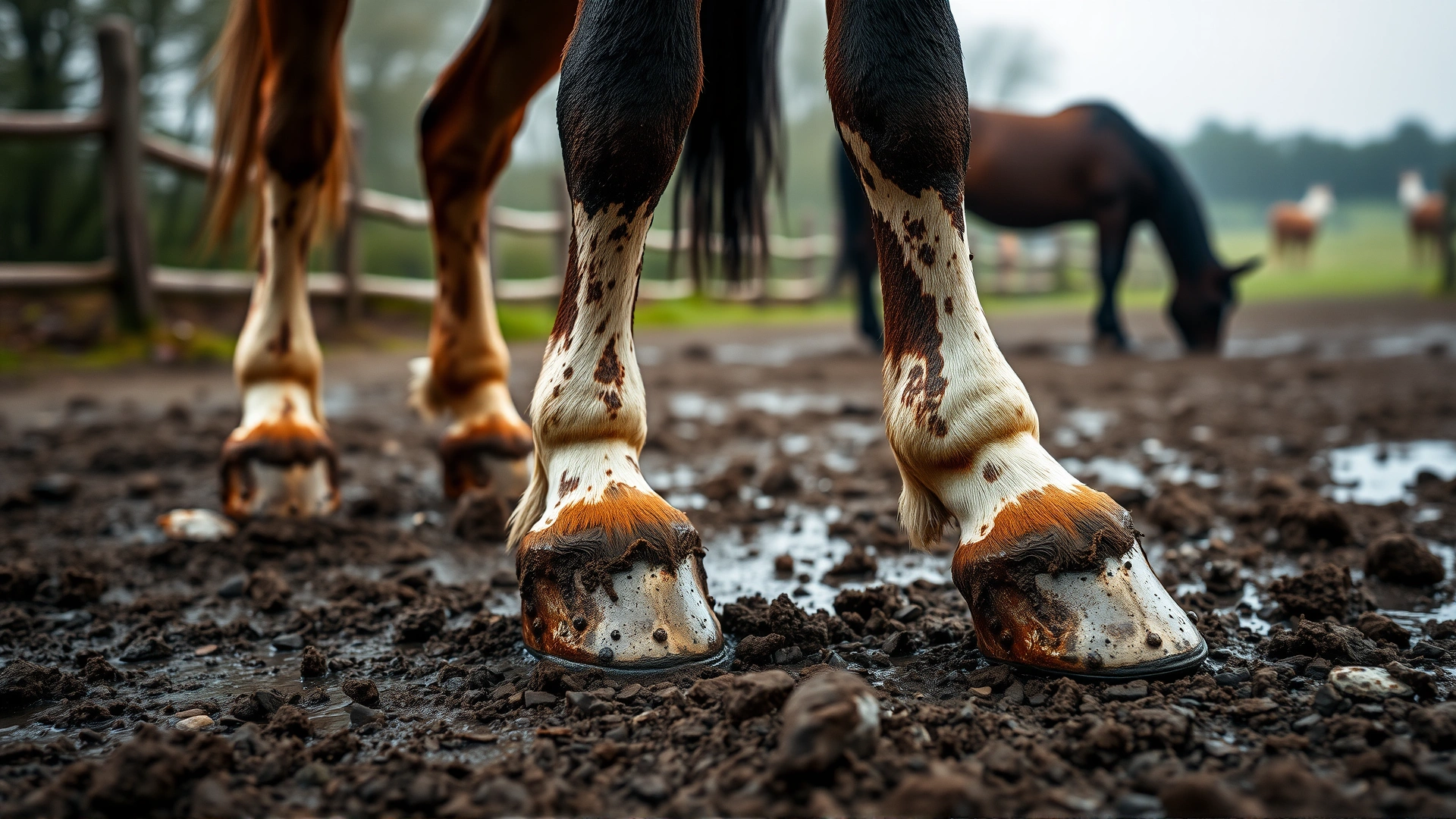 Macro photo of muddy horse hooves standing in a wet paddock, emphasizing environmental risk factors.