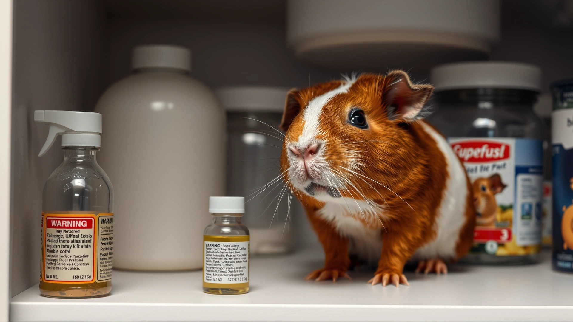 Guinea pig sniffing around household items on a low shelf, including a small bottle with warning label, to illustrate potential toxins.
