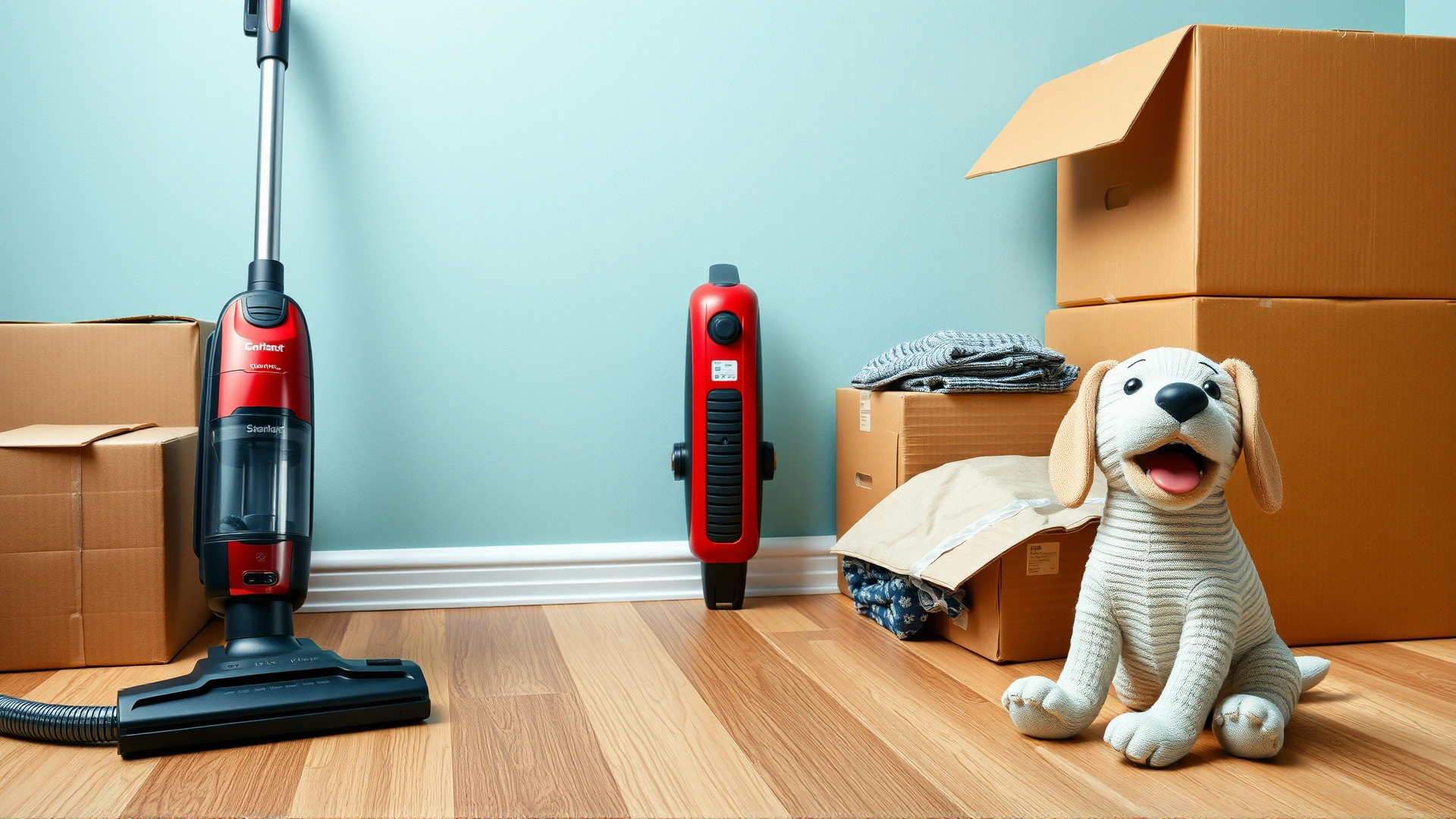 Collage-style photo showing household stress triggers such as a vacuum cleaner, moving boxes, and a barking dog toy, no text included.