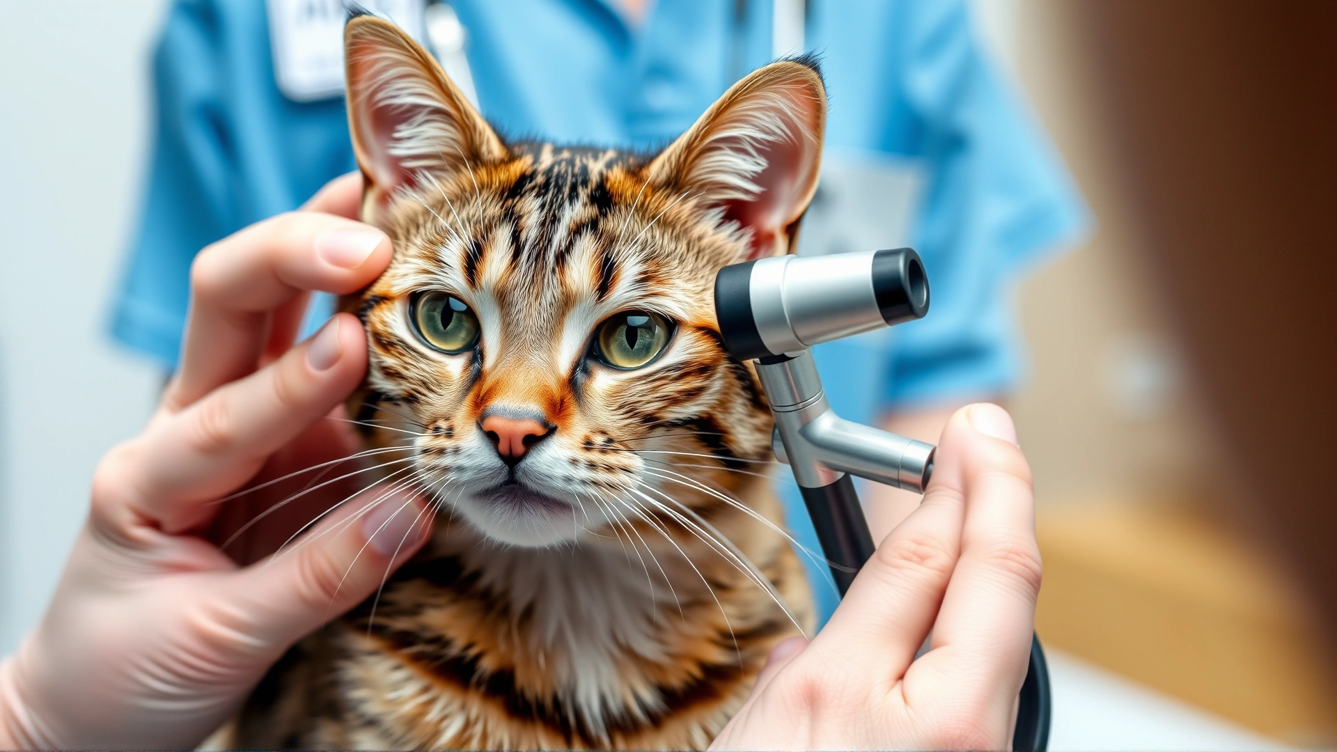 Calm tabby cat being gently examined by a veterinarian’s hand holding an ophthalmoscope, clinic setting, no text