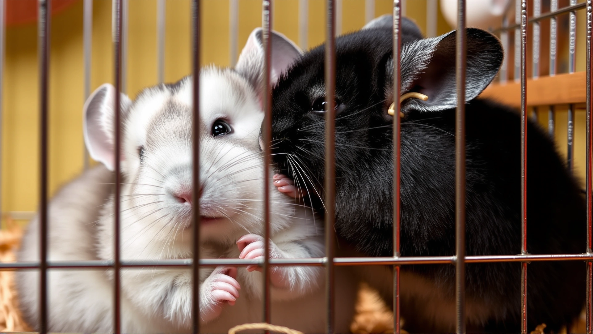 Illustrative photo of two chinchillas playfully interacting in a cage, one gently nibbling the other’s ear, to represent possible trauma causes