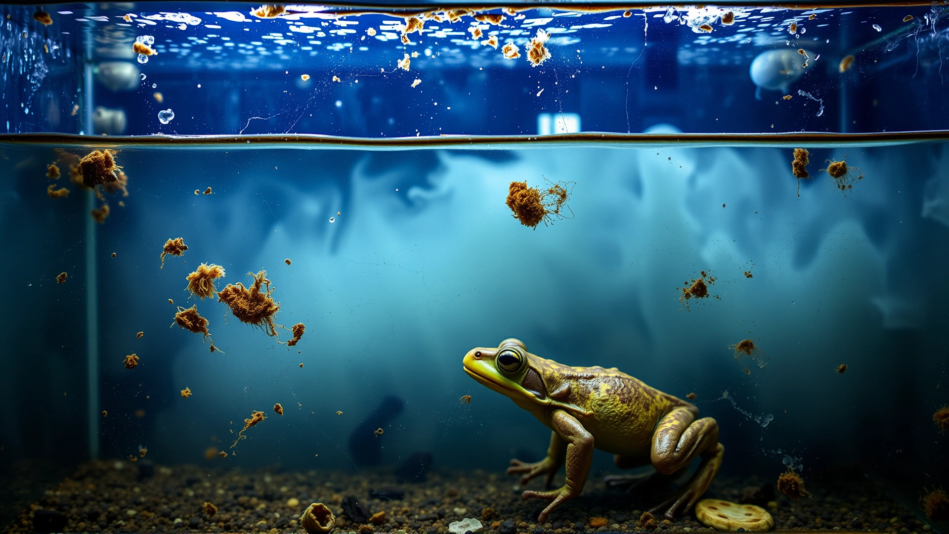 Conceptual image showing a slightly dirty aquarium with visible debris, cloudy water, and a stressed frog near the bottom, emphasizing poor husbandry, realistic photography style, no text.