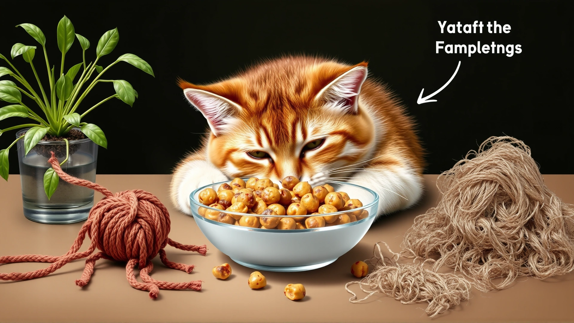 Collage-style still life showing common vomiting triggers for cats: houseplants, a string toy, a bowl of spoiled food, and clumps of cat hair.