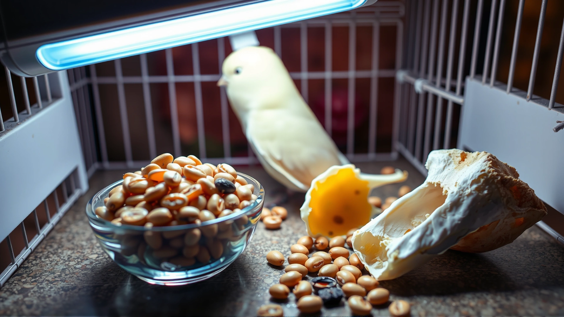 Collage-style scene: bowl of calcium-rich seeds, cuttlebone, and a UVB lamp positioned over a birdcage