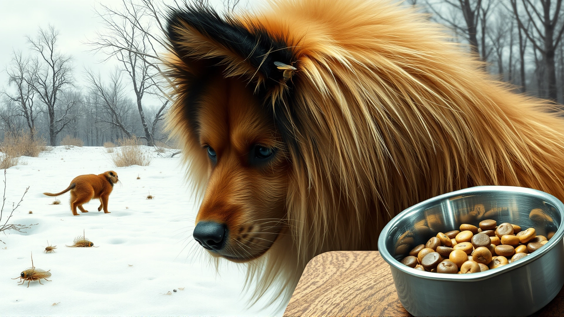 Collage-style image showing environmental factors (dry winter landscape), parasites (flea illustration on fur), and a bowl of low-quality kibble to represent poor diet