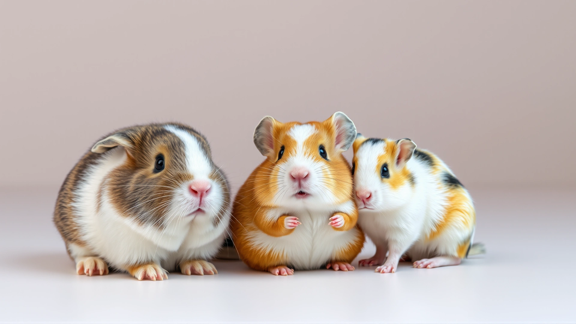 Group of small pets not suitable for tylosin treatment: rabbit, guinea pig, and hamster sitting together in a neutral studio setting, no text