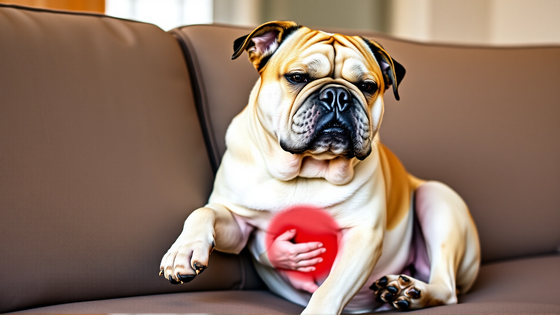 Dog sitting on a couch with a slightly uncomfortable expression, one paw on its belly, illustrating mild digestive discomfort.