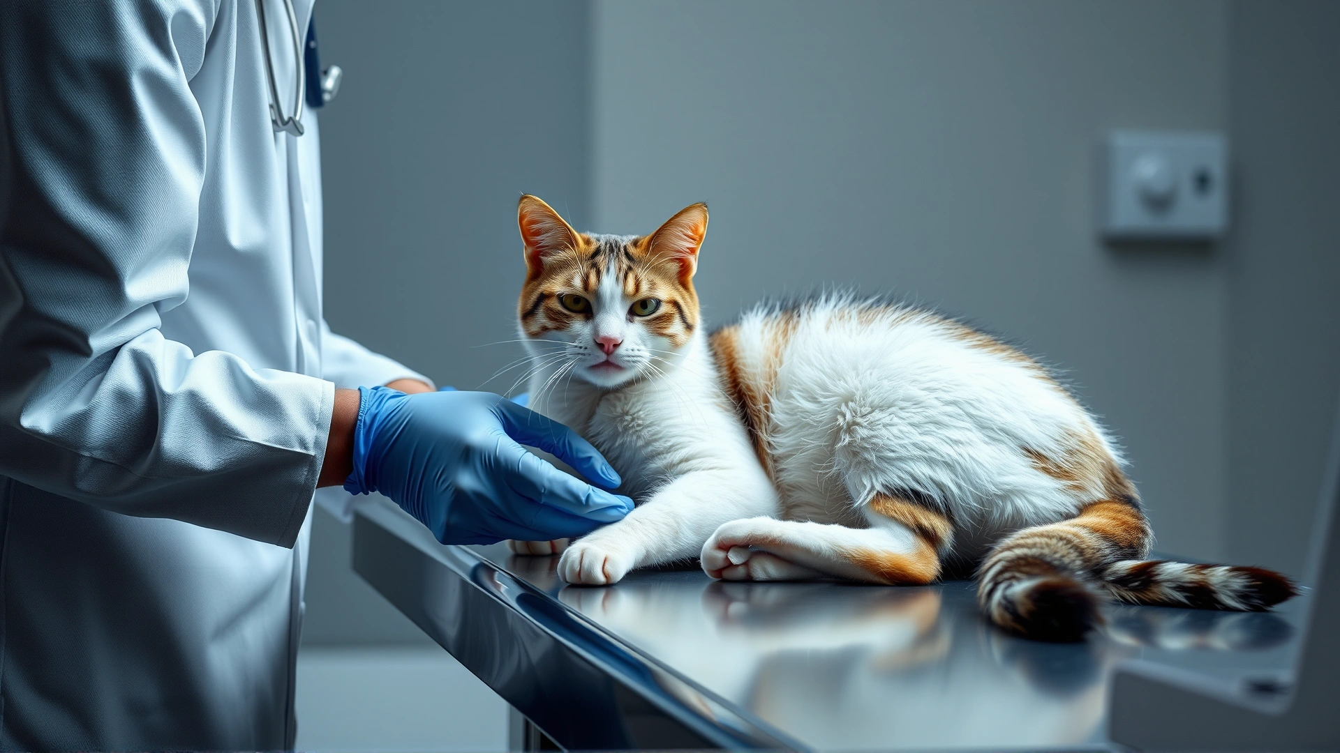 Veterinarian examining a visibly pregnant cat on an exam table; vet is wearing gloves, calm clinical environment, no text