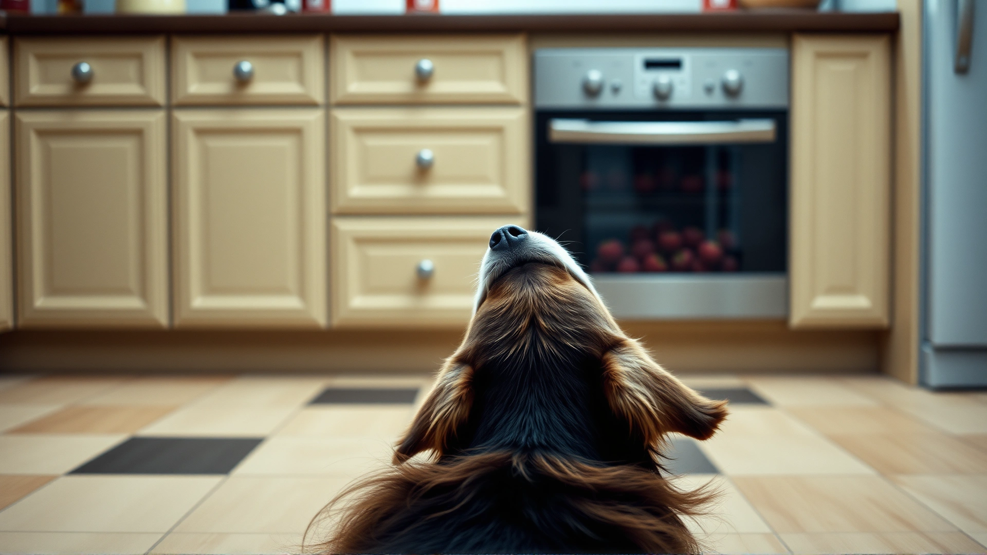 Curious dog standing on kitchen floor looking up at a jar of raspberry jam placed on a counter, highlighting unsafe processed food