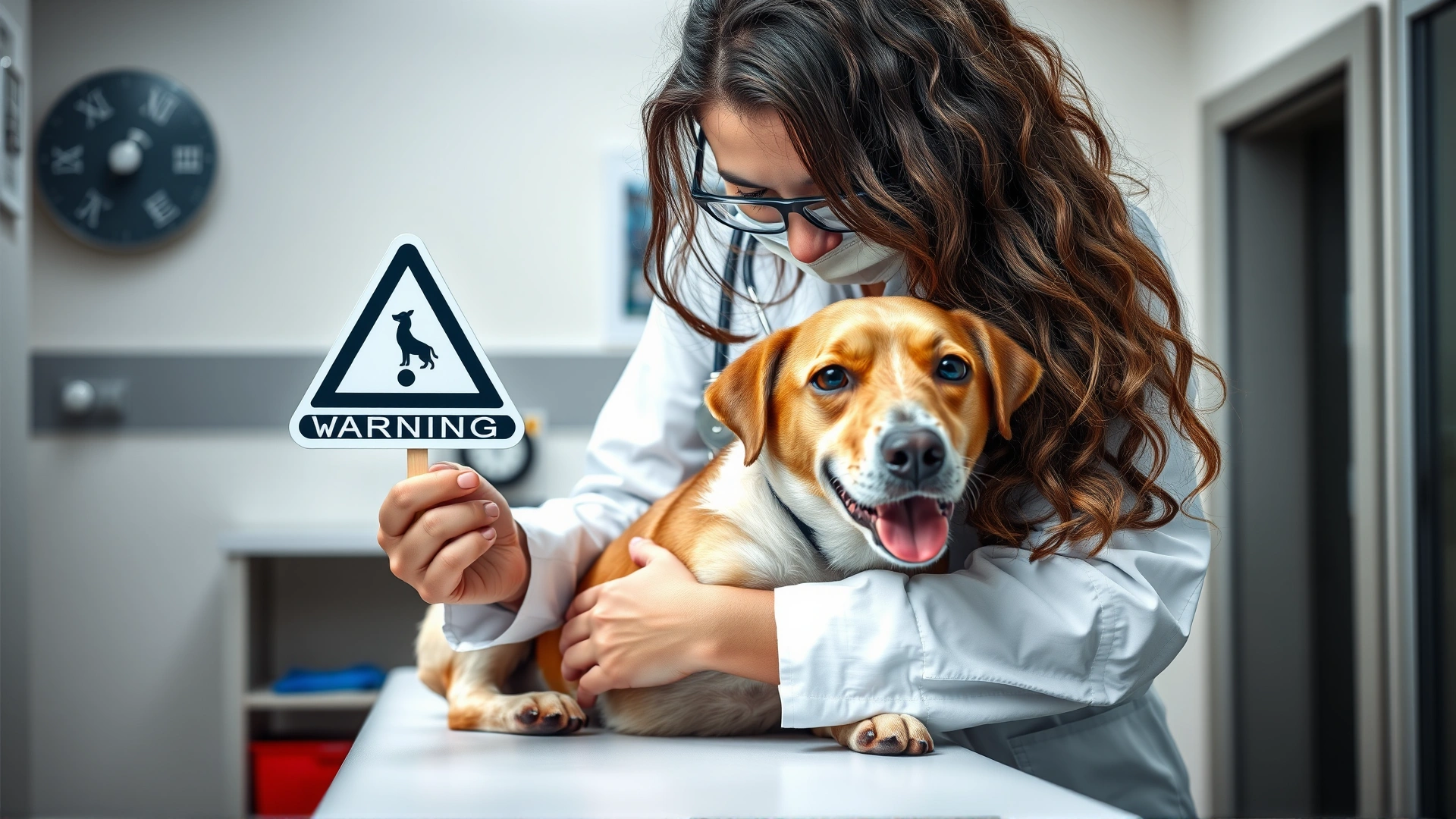 Veterinarian in a clinic holding a warning symbol sign while gently examining a dog on the exam table; clinical background; no visible text