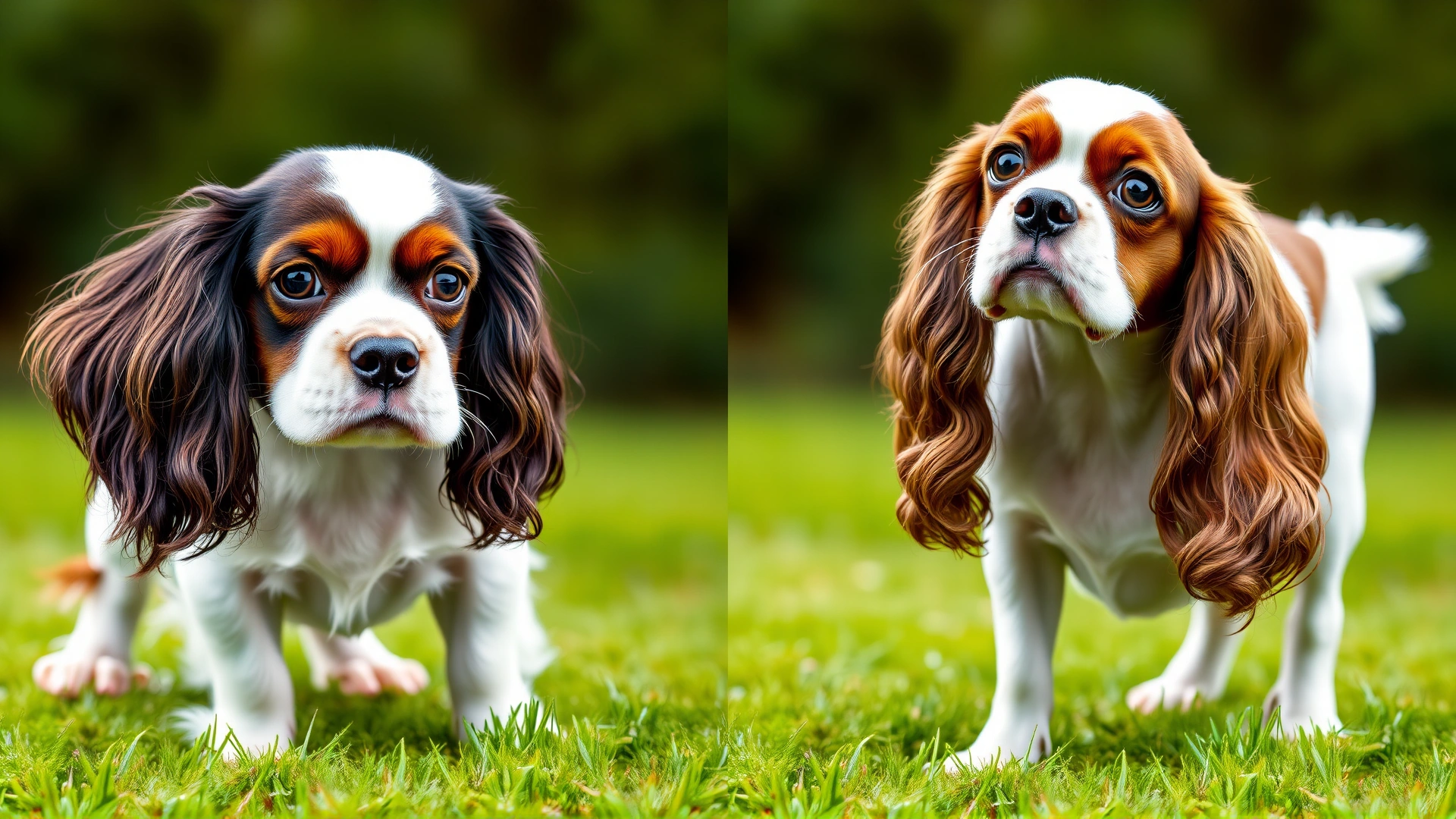 Side-by-side image comparison showing an English Toy Spaniel and a Cavalier King Charles Spaniel standing on grass, illustrating differences in muzzle length and size