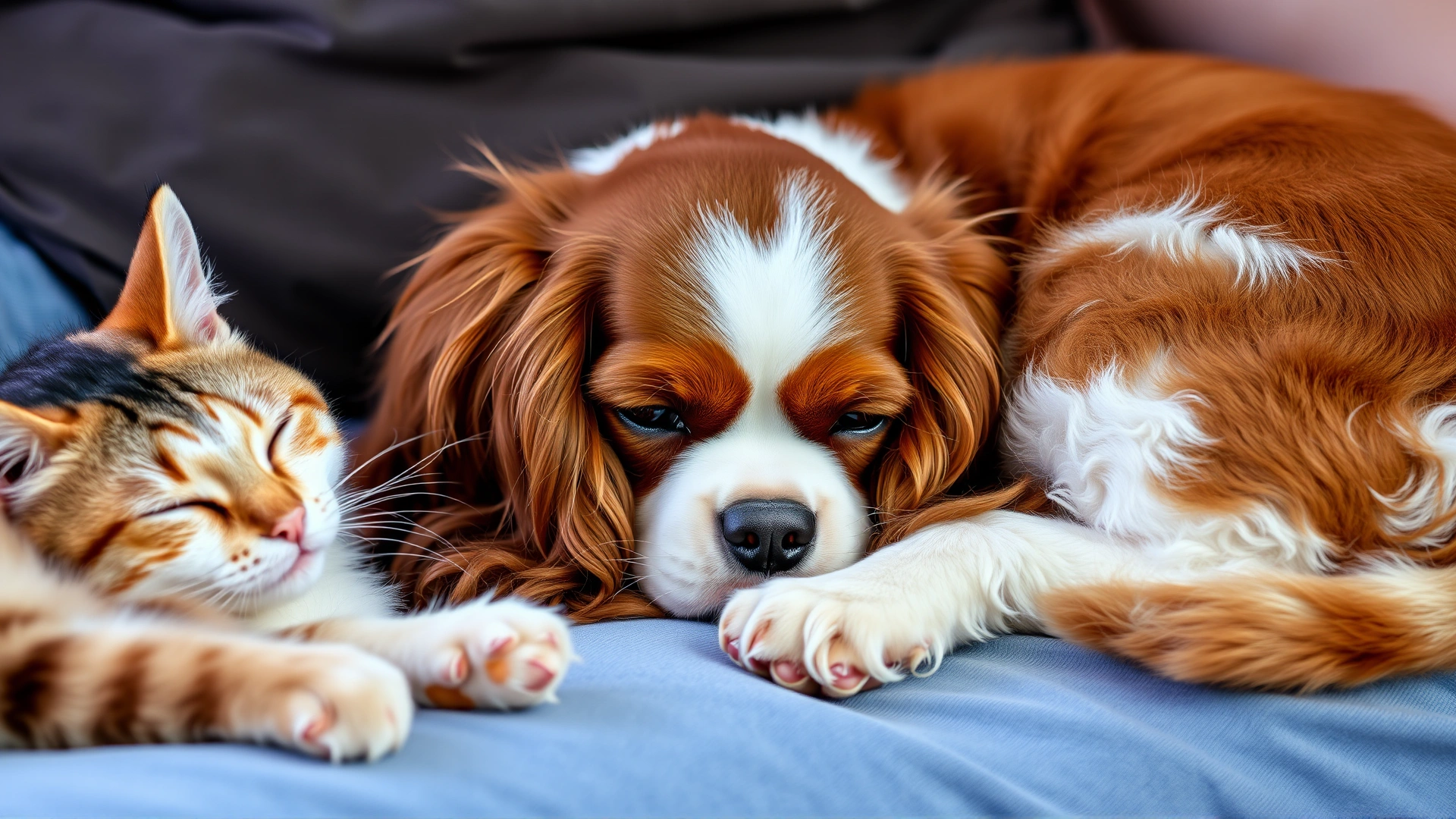 Cavalier King Charles Spaniel curled up on an owner’s lap next to a sleeping cat, both looking content.