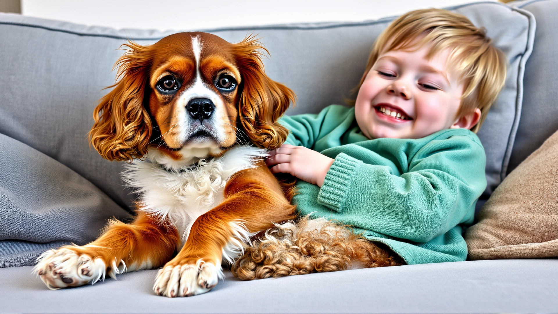 A Cavalier King Charles Spaniel cuddling with a smiling child on a couch