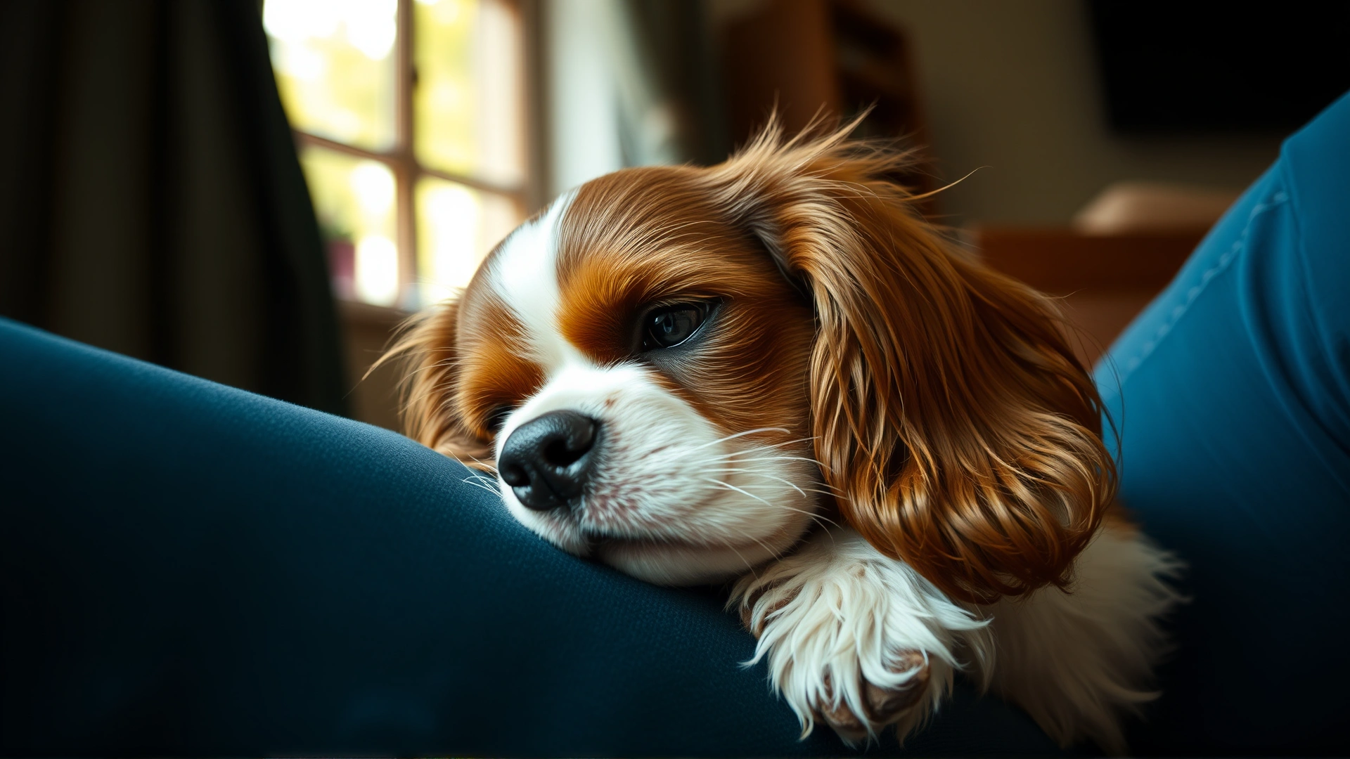 Cavalier King Charles Spaniel resting its head on its owner's lap indoors, warm cozy atmosphere, candid shot