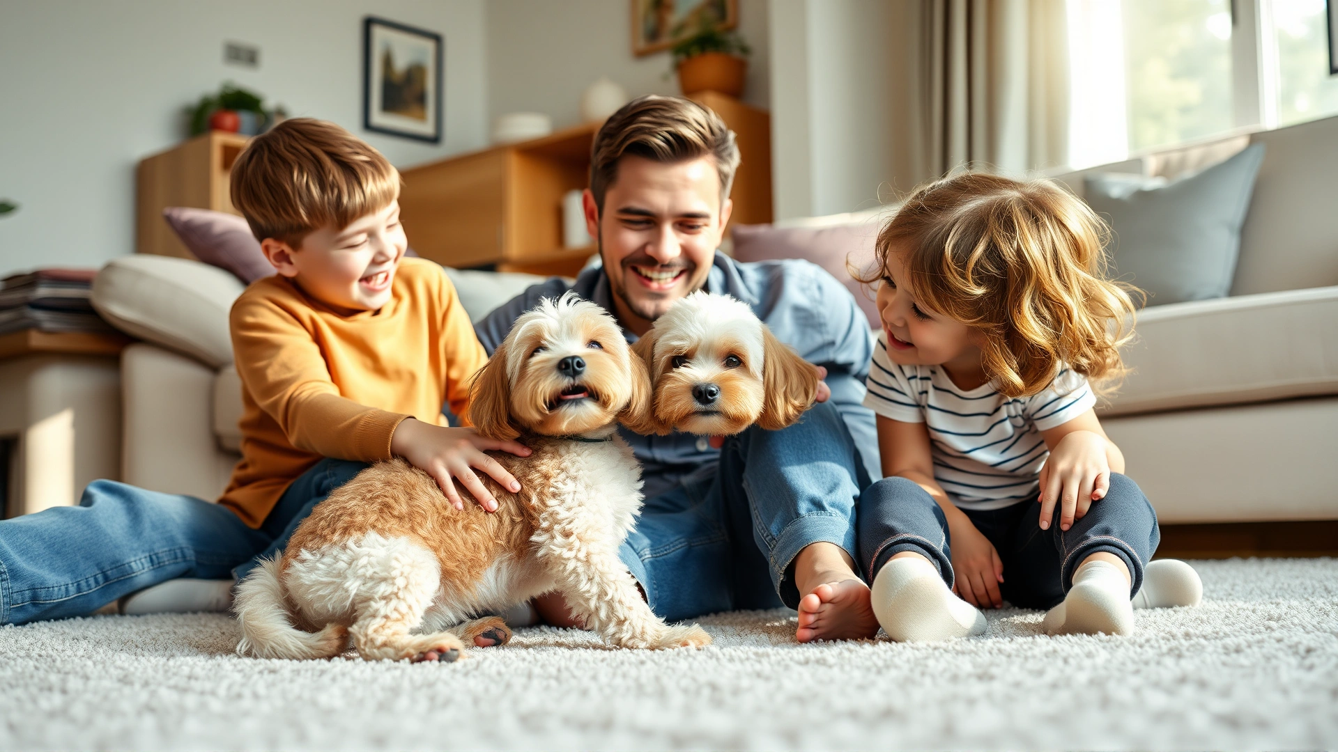 Family with two children laughing and playing with their Cavapoo on a living-room carpet, bright natural light, candid lifestyle photo