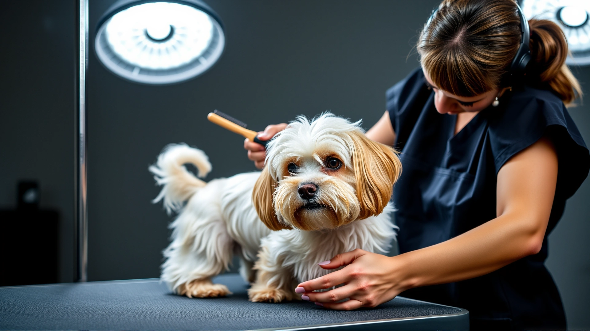 Professional groomer brushing a Cavapoo on a grooming table, focus on the dog’s wavy coat, well-lit studio, high-resolution photograph
