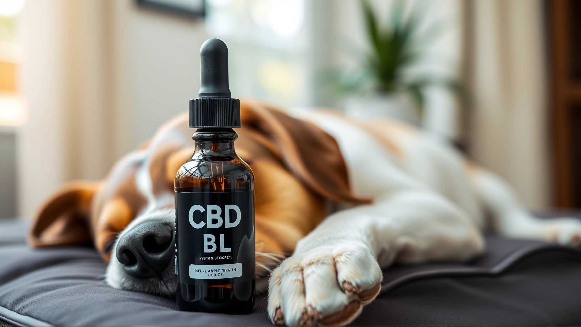 A bottle of pet-safe CBD oil with a dropper placed beside a calm dog resting on a cushion, indoor setting, natural light.
